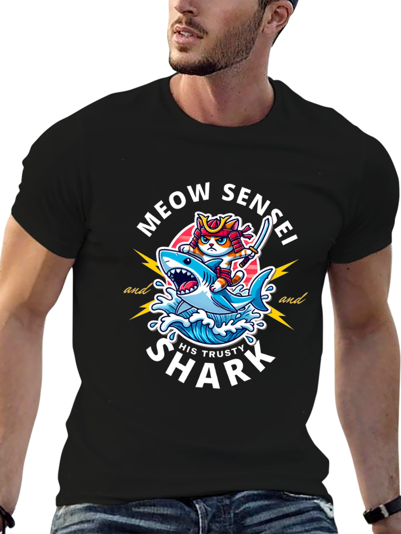 Meow Sensei & Shark T-Shirt - Fun Graphic Tee