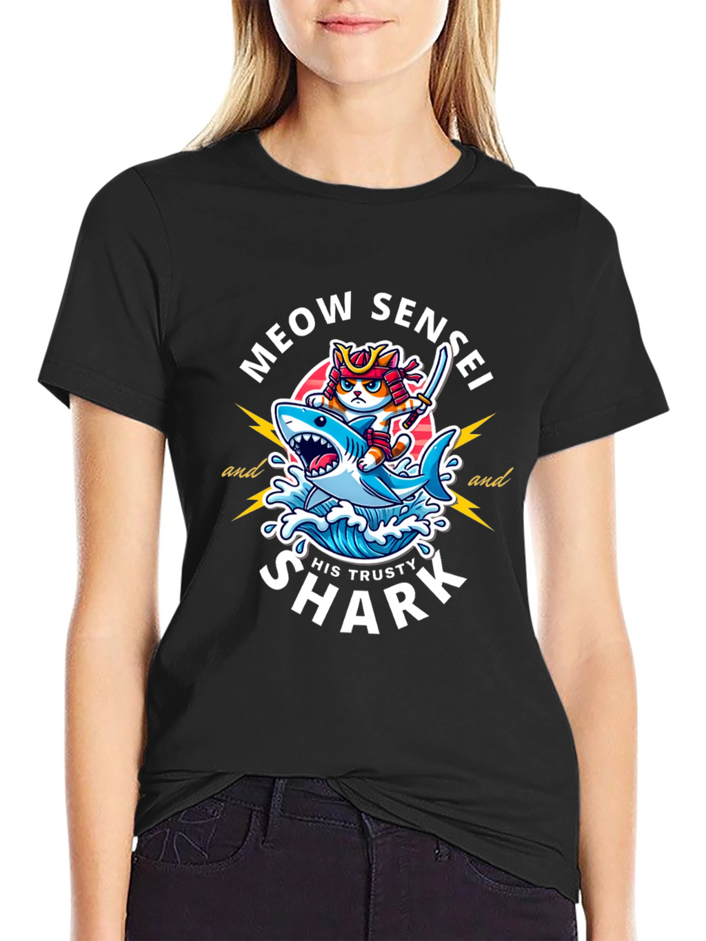 Meow Sensei & Shark T-Shirt - Fun Graphic Tee