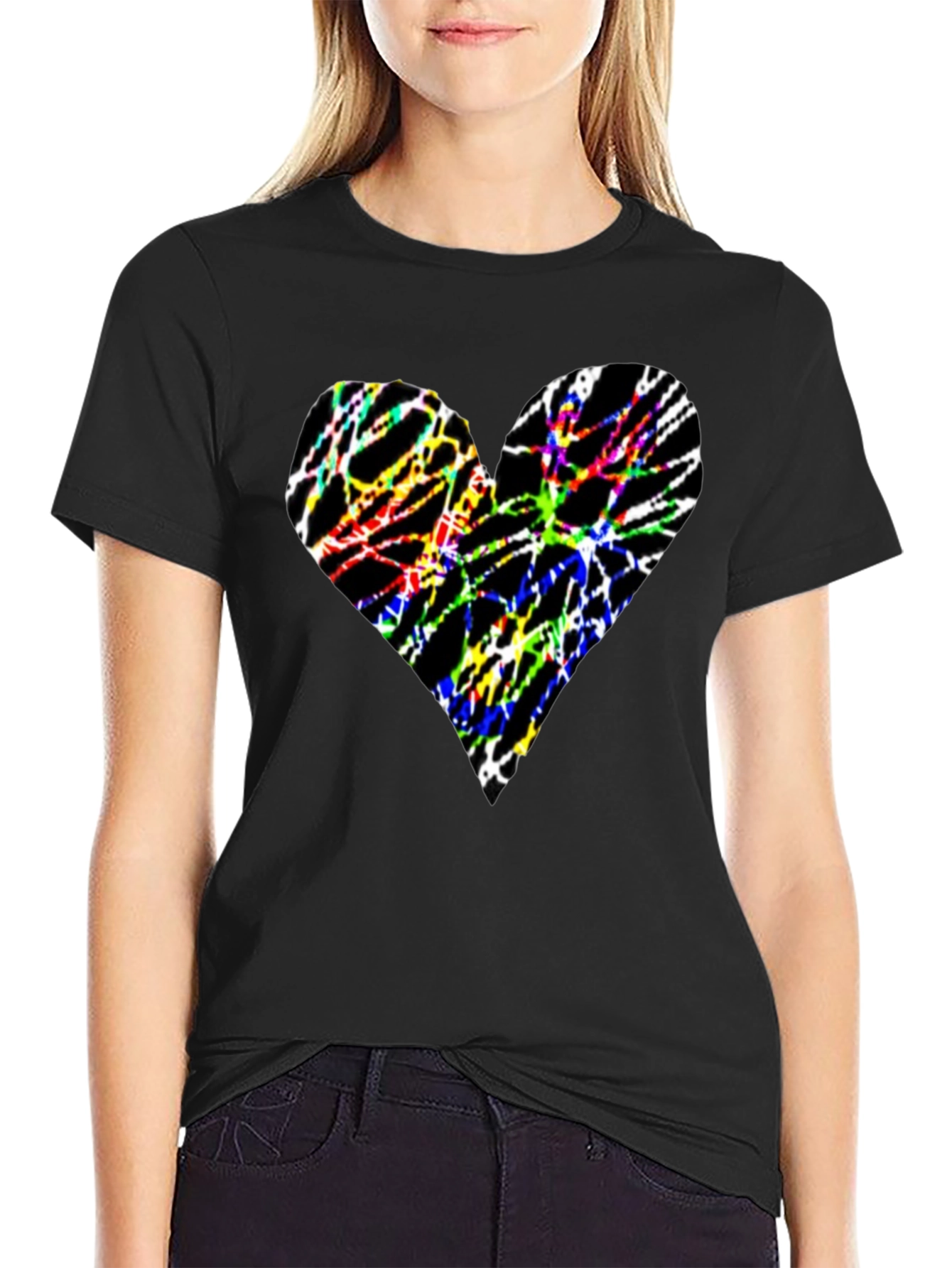 Colorful Heart Graphic Black T-Shirt