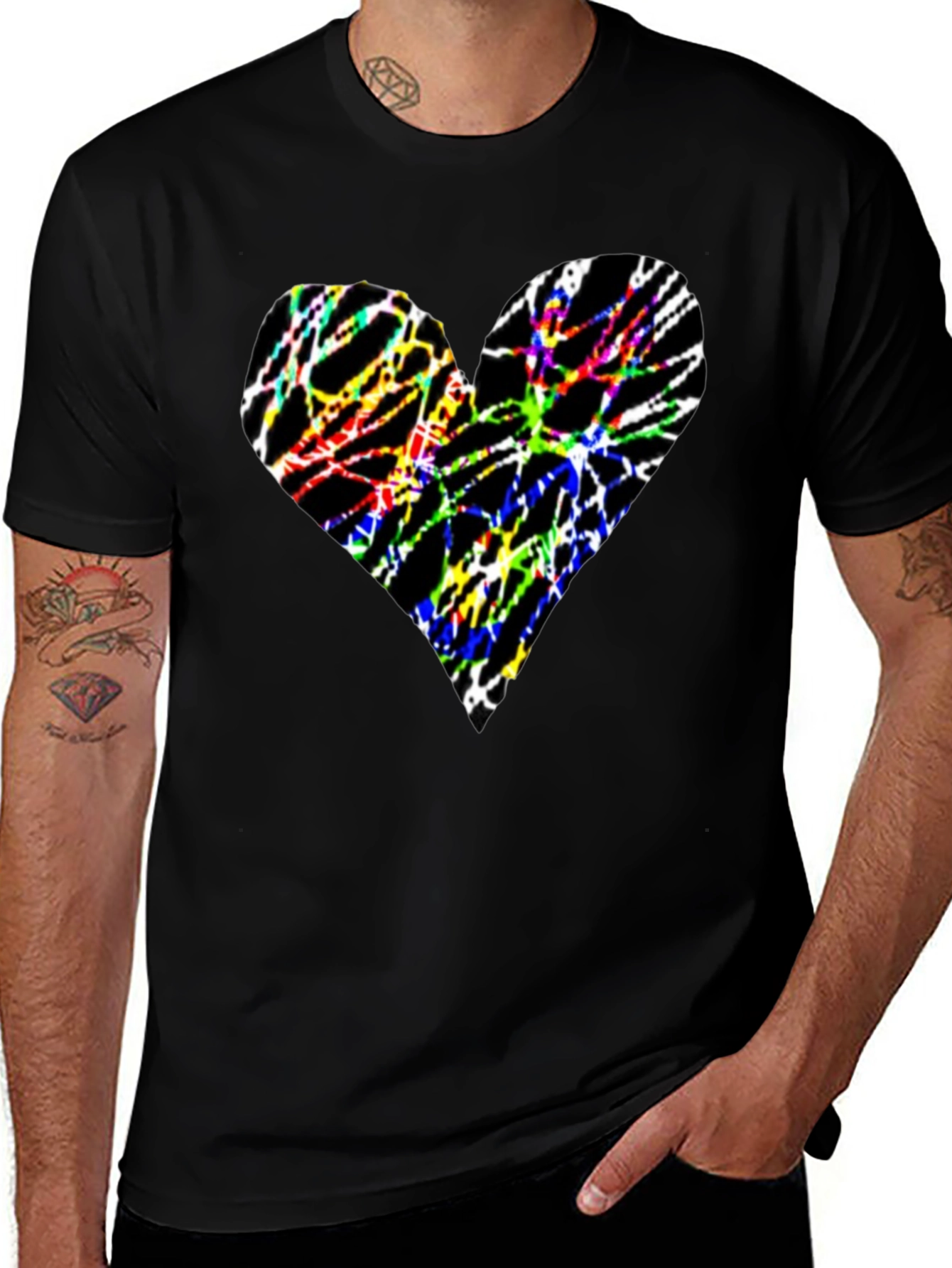 Colorful Heart Graphic Black T-Shirt