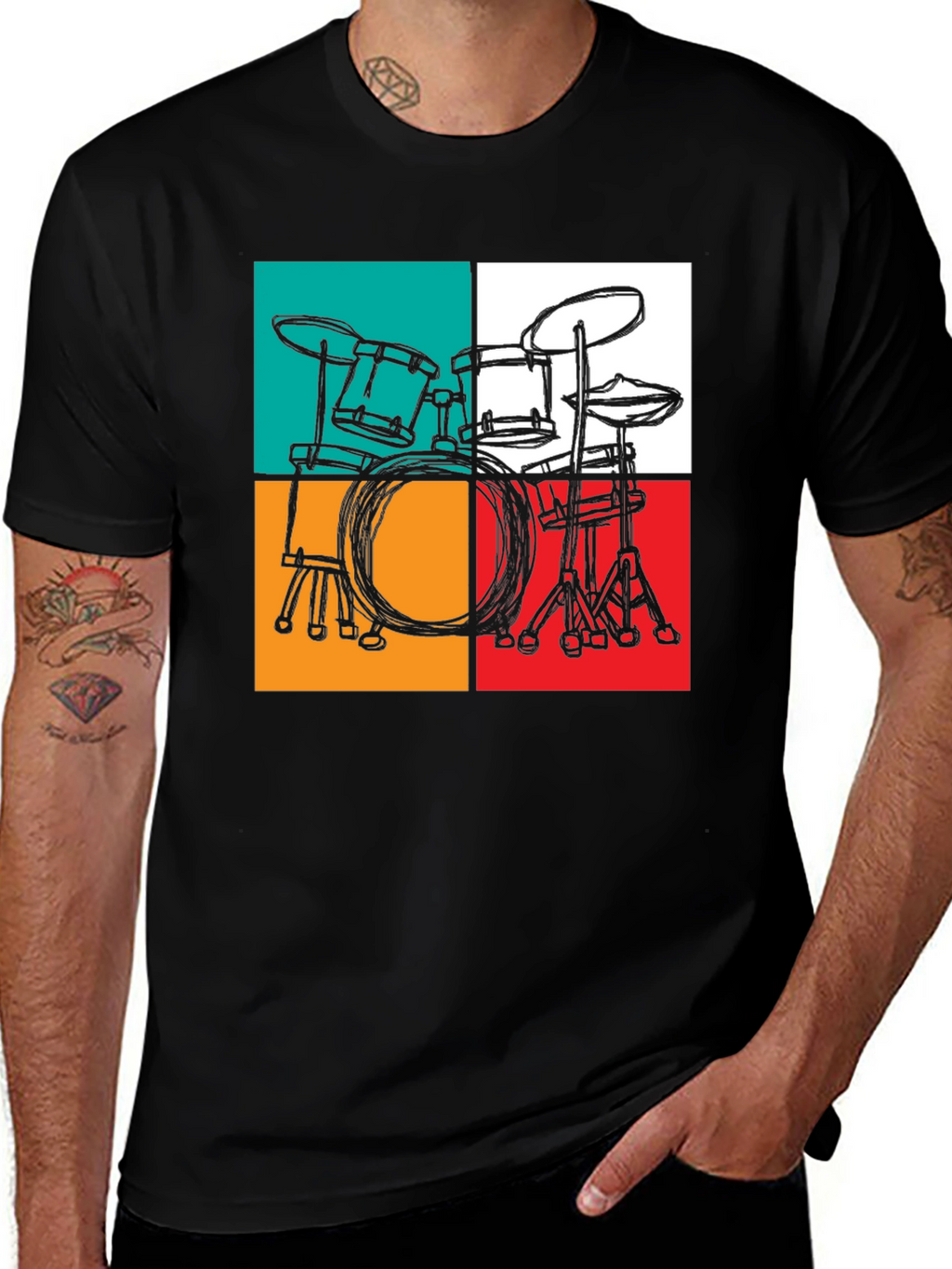 Retro Drum Set Graphic T-Shirt - Black