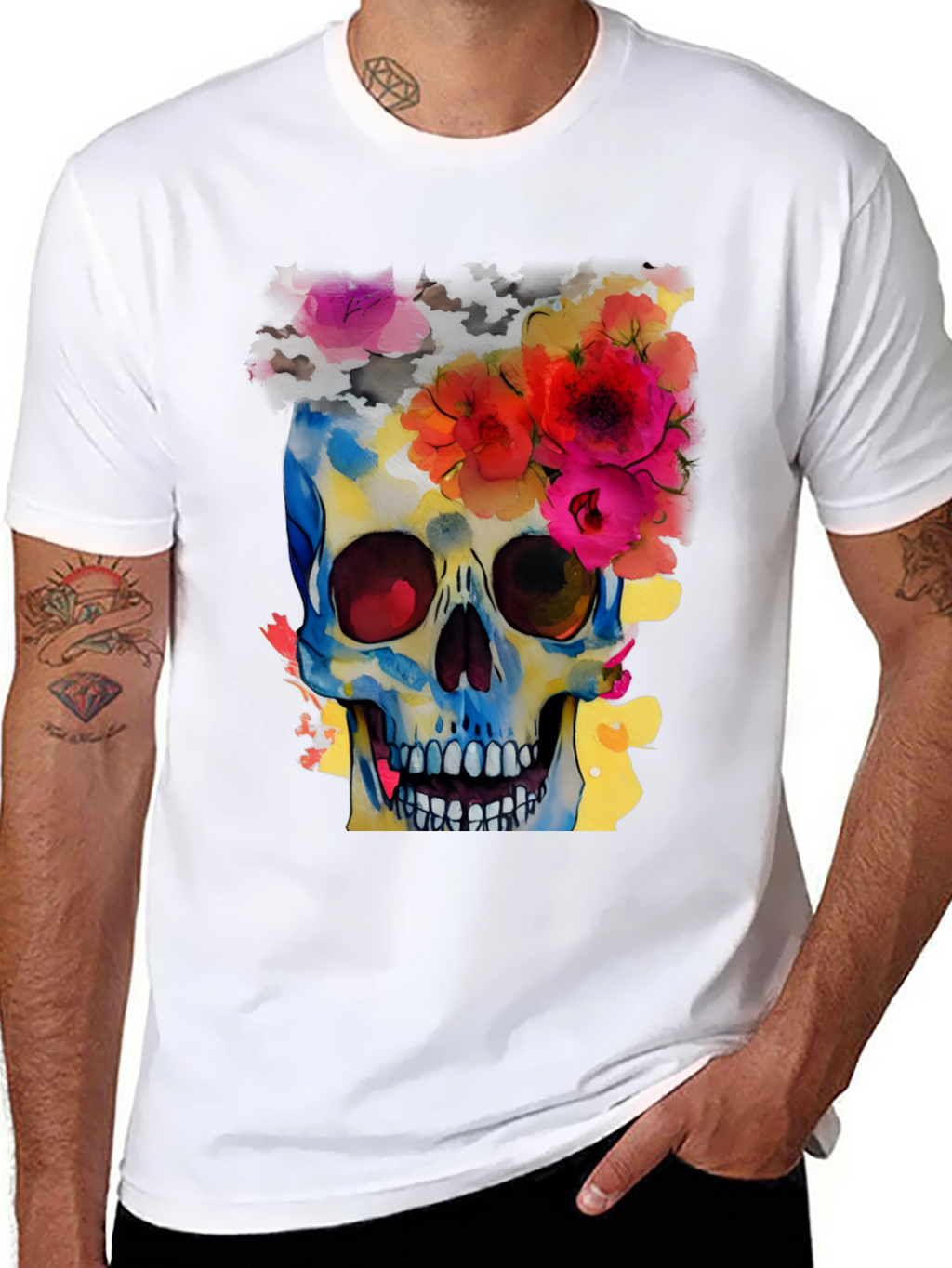 Floral Skull Graphic Tee - Mens Black T-Shirt
