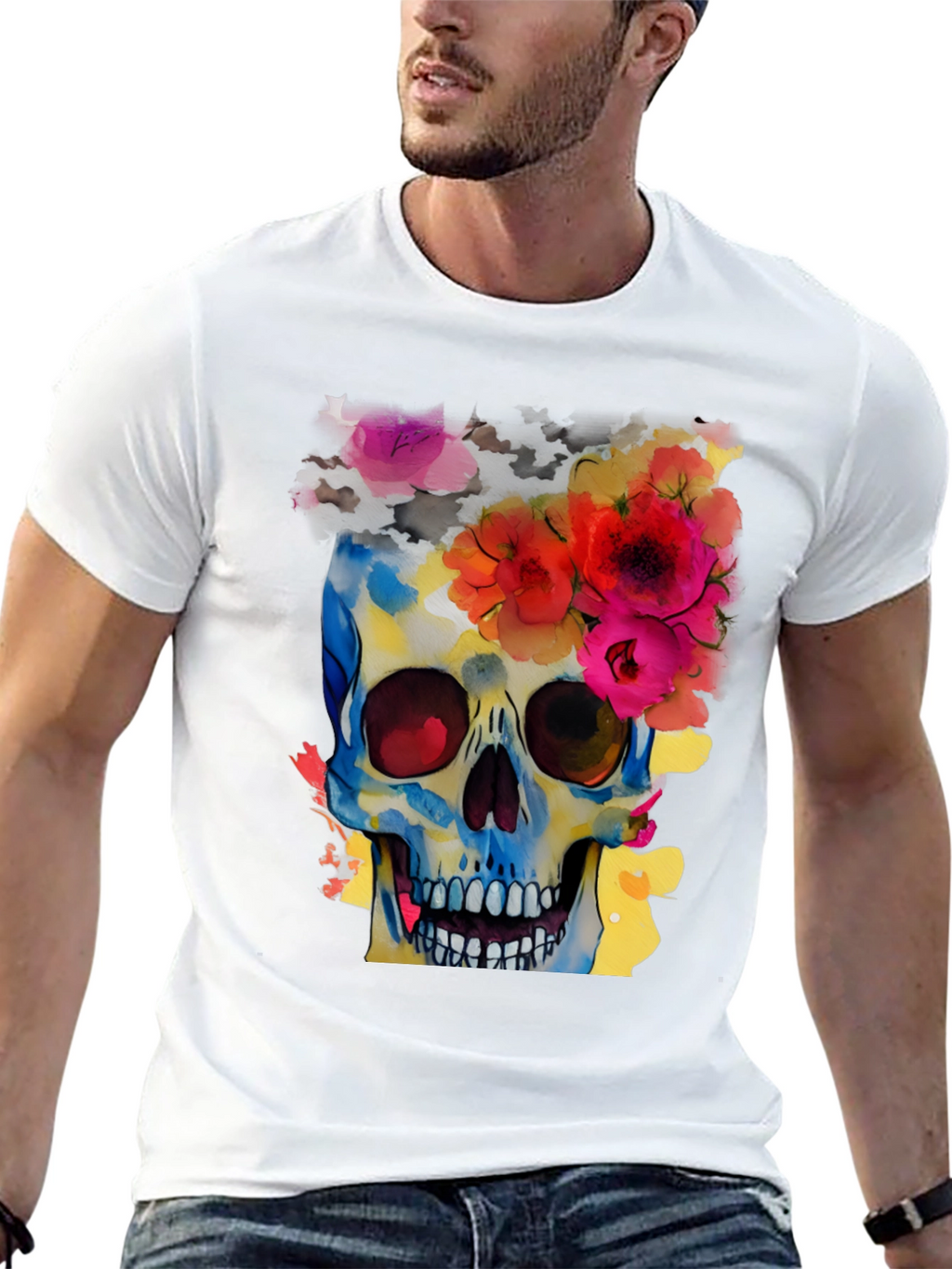 Floral Skull Graphic Tee - Mens Black T-Shirt