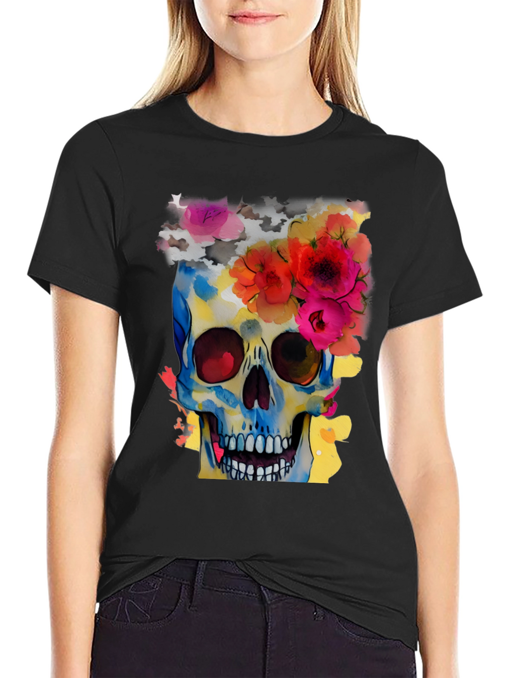 Floral Skull Graphic Tee - Mens Black T-Shirt