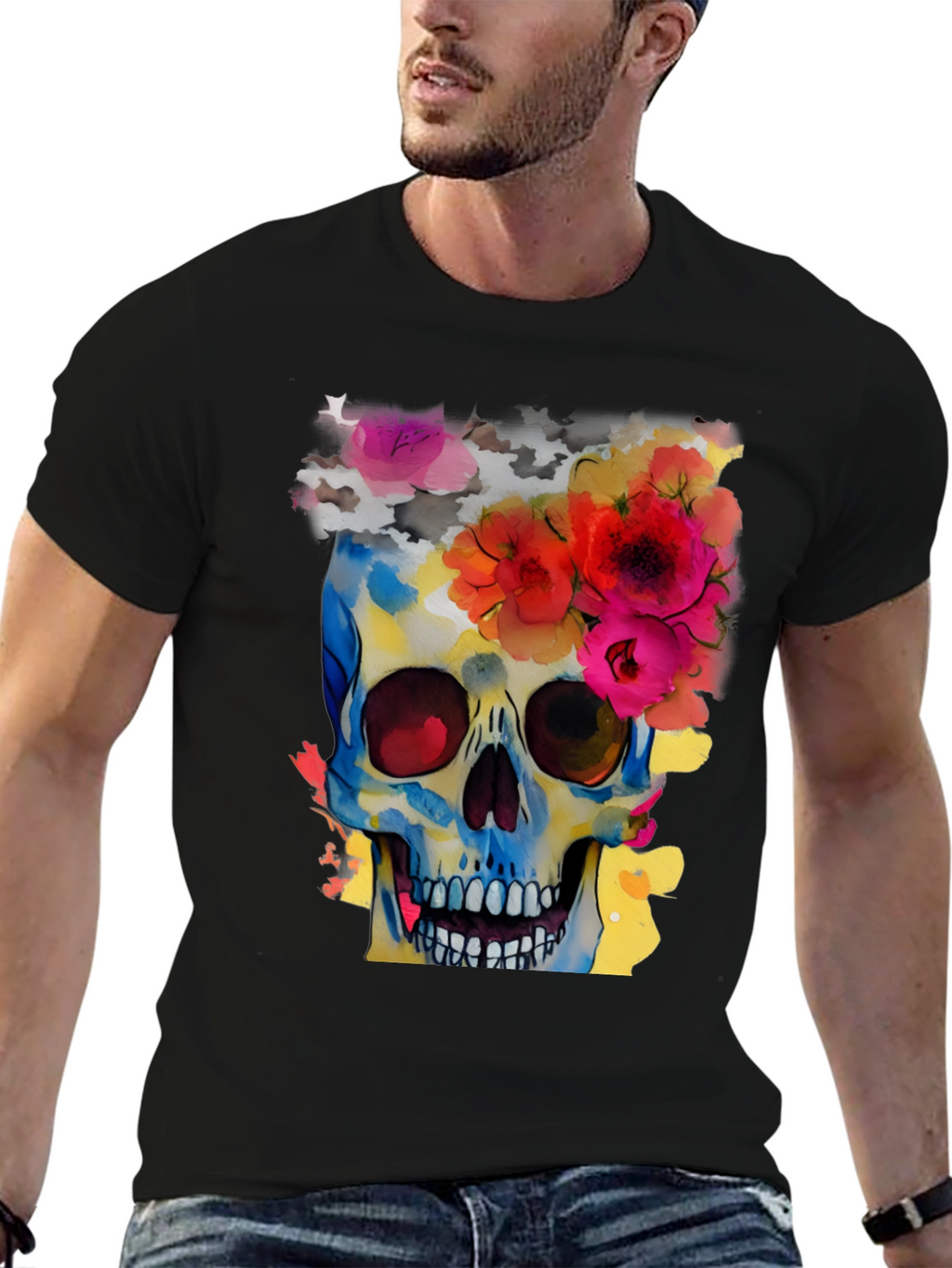 Floral Skull Graphic Tee - Mens Black T-Shirt