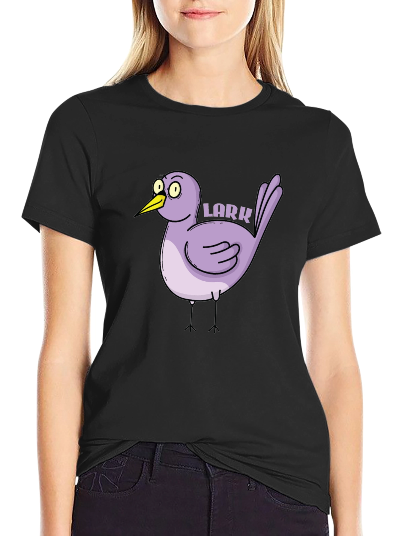 Cartoon Lark Bird Graphic Tee - Black
