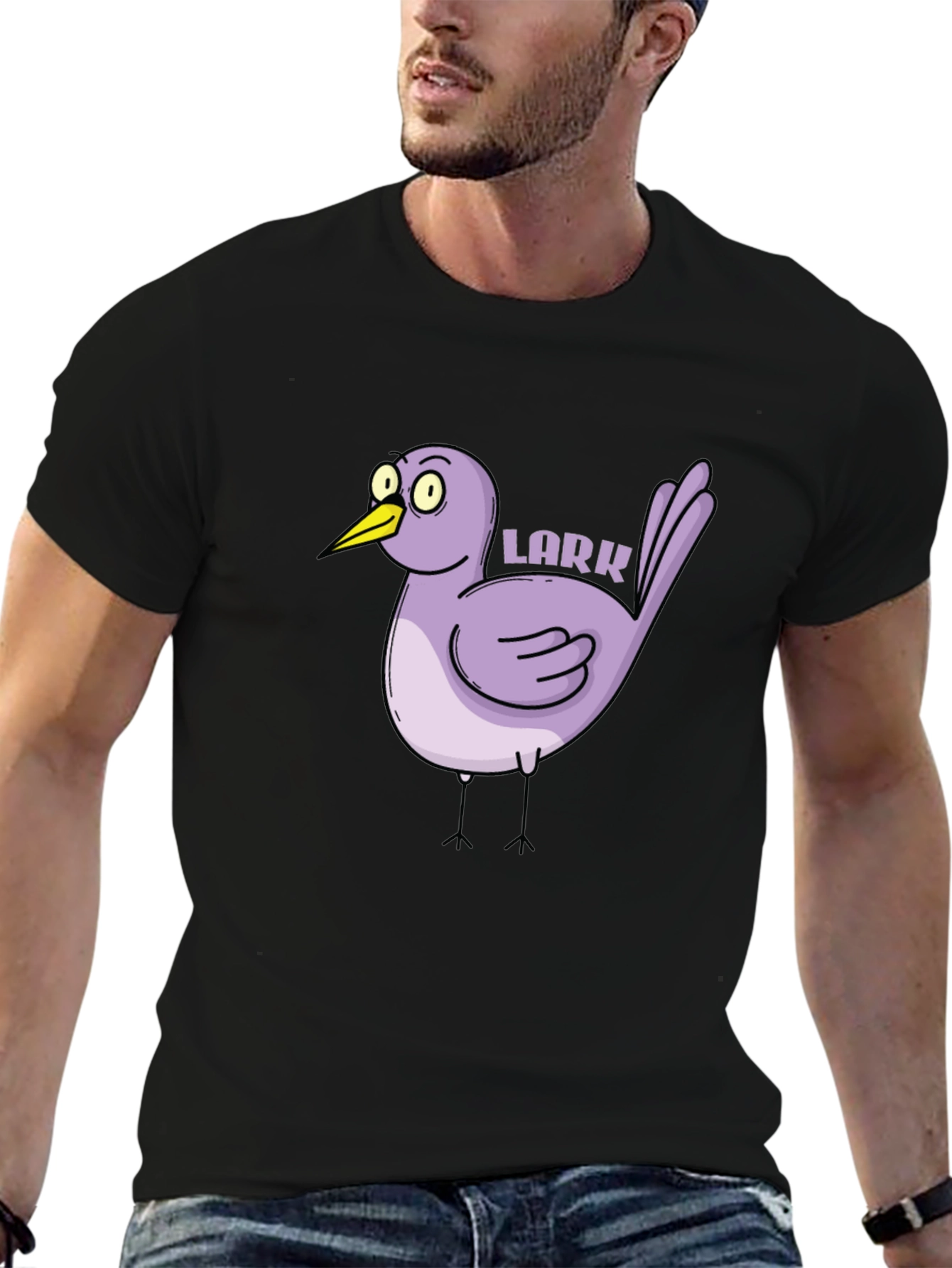Cartoon Lark Bird Graphic Tee - Black