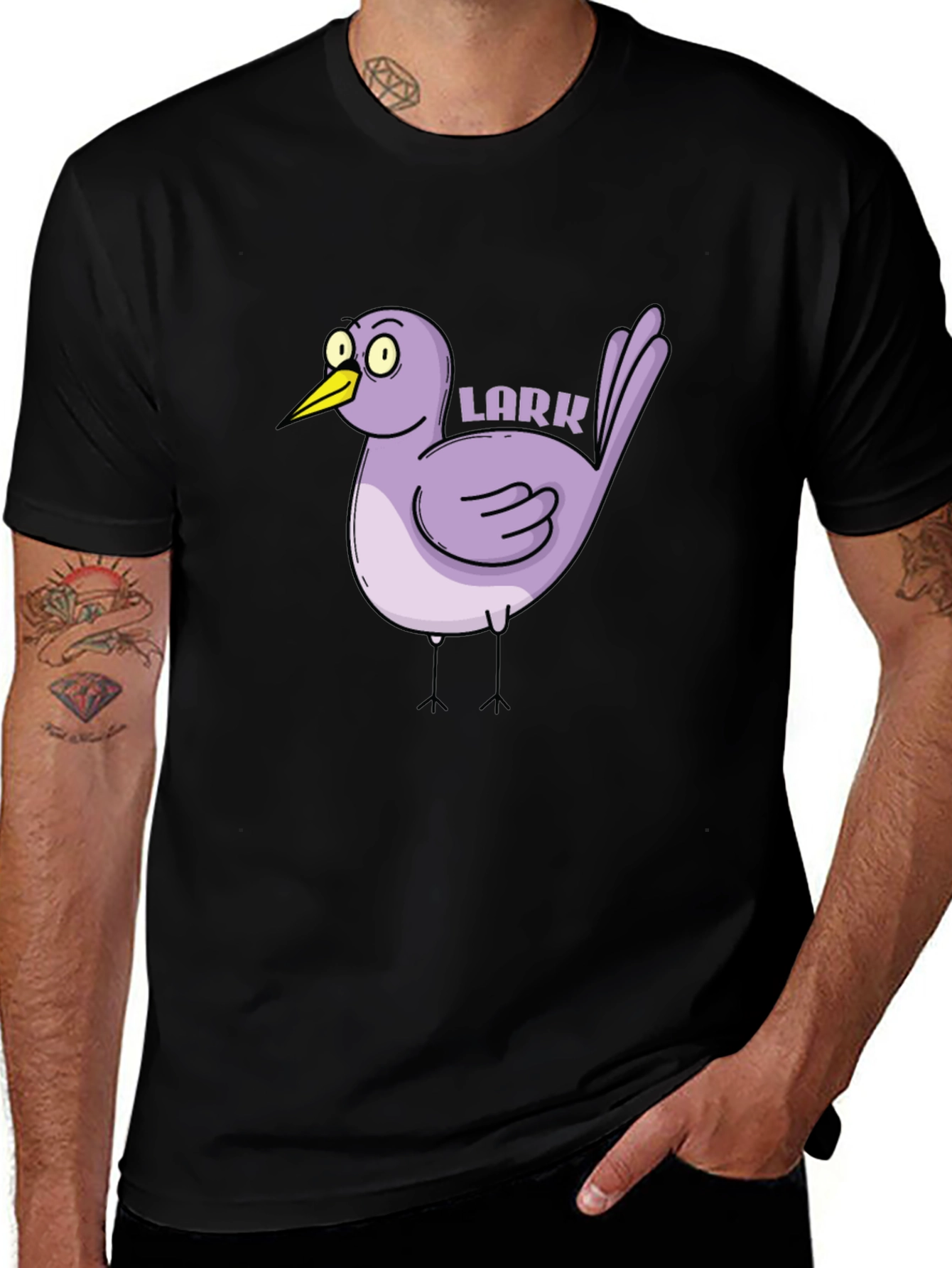 Cartoon Lark Bird Graphic Tee - Black