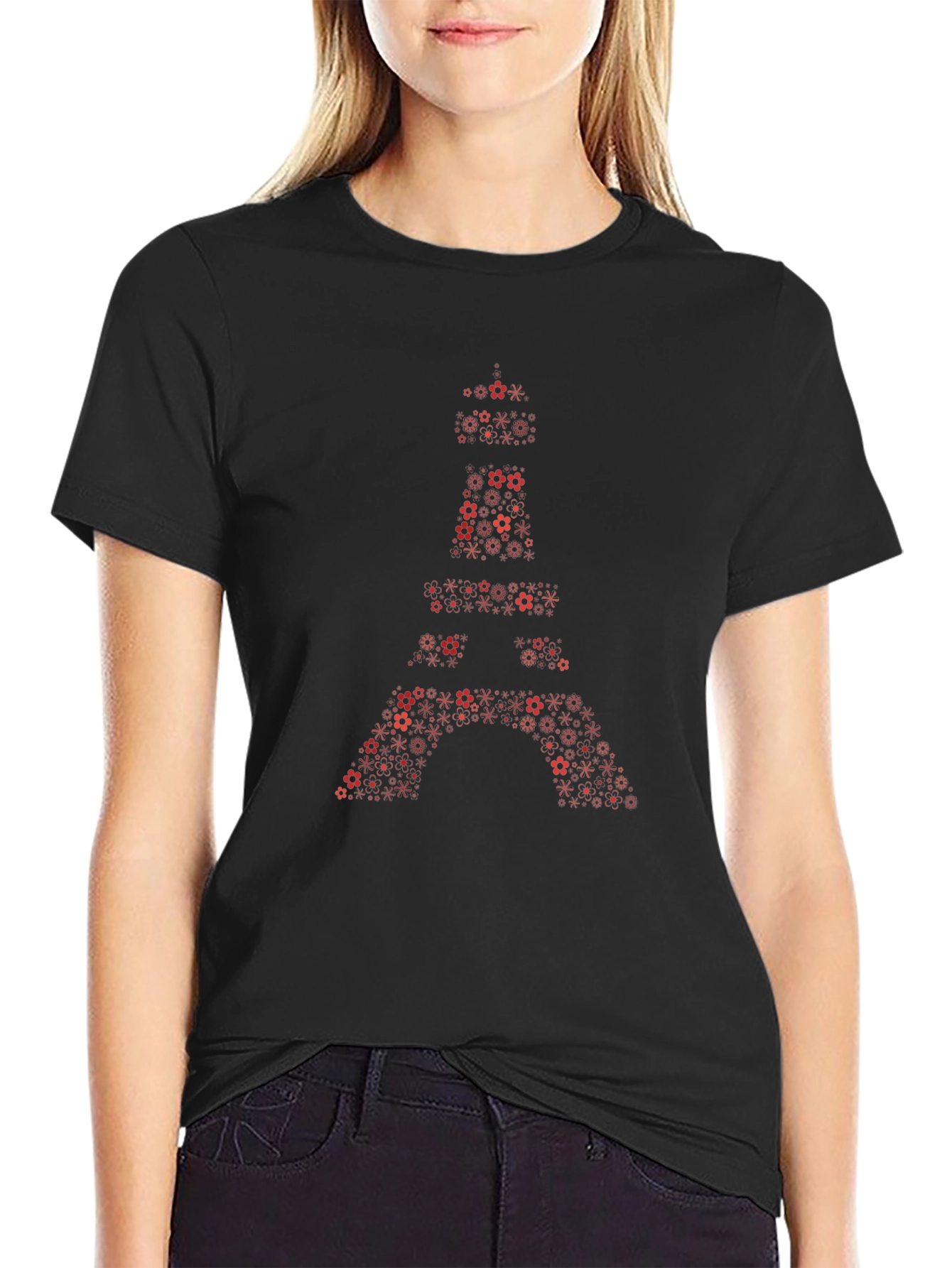 Eiffel Tower Floral Print Black T-Shirt