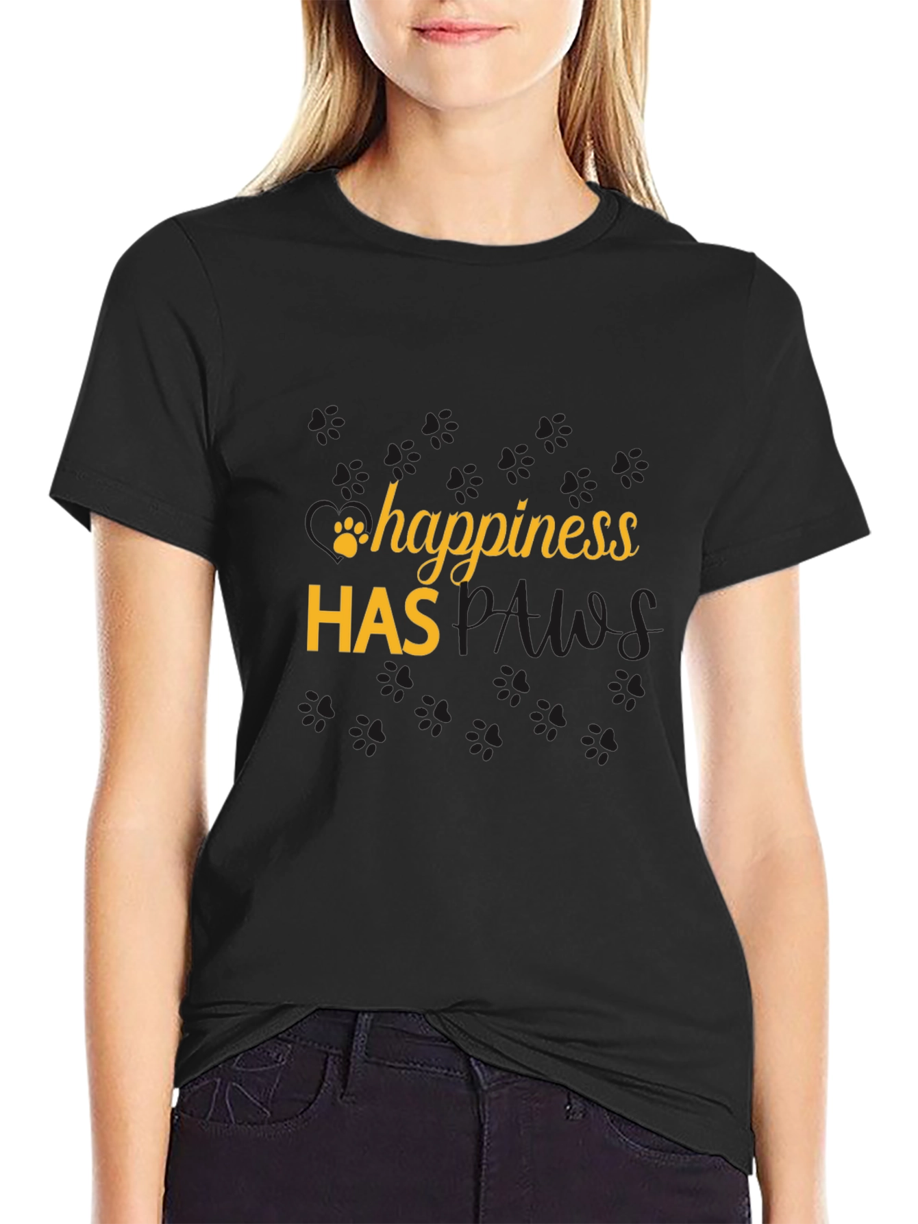 Happiness Has Paws Black T-Shirt