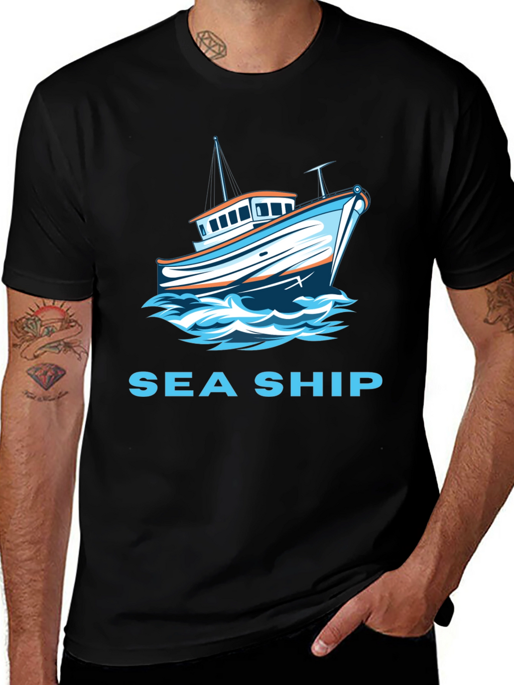 Sea Ship Graphic T-Shirt - Black