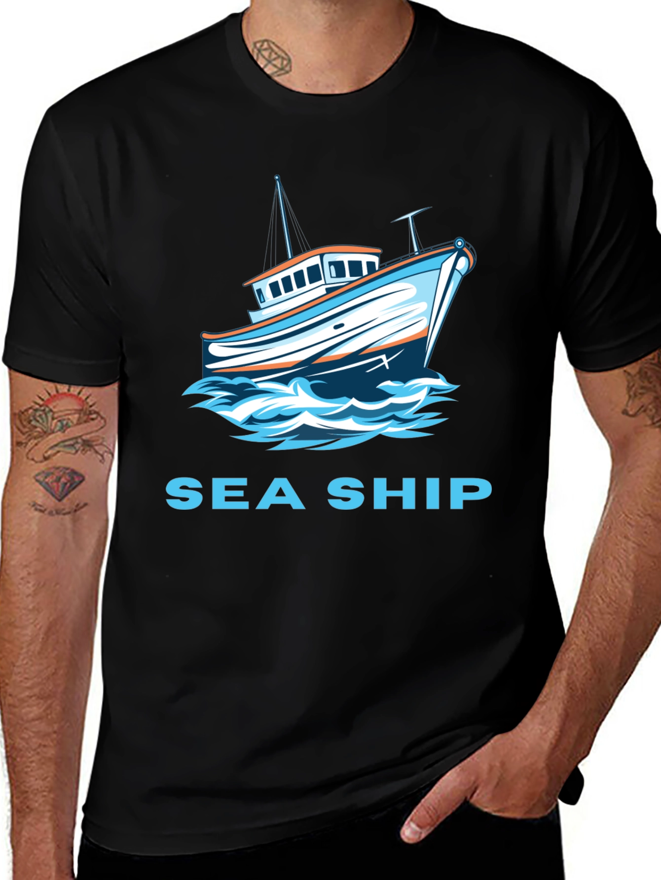 Sea Ship Graphic T-Shirt - Black