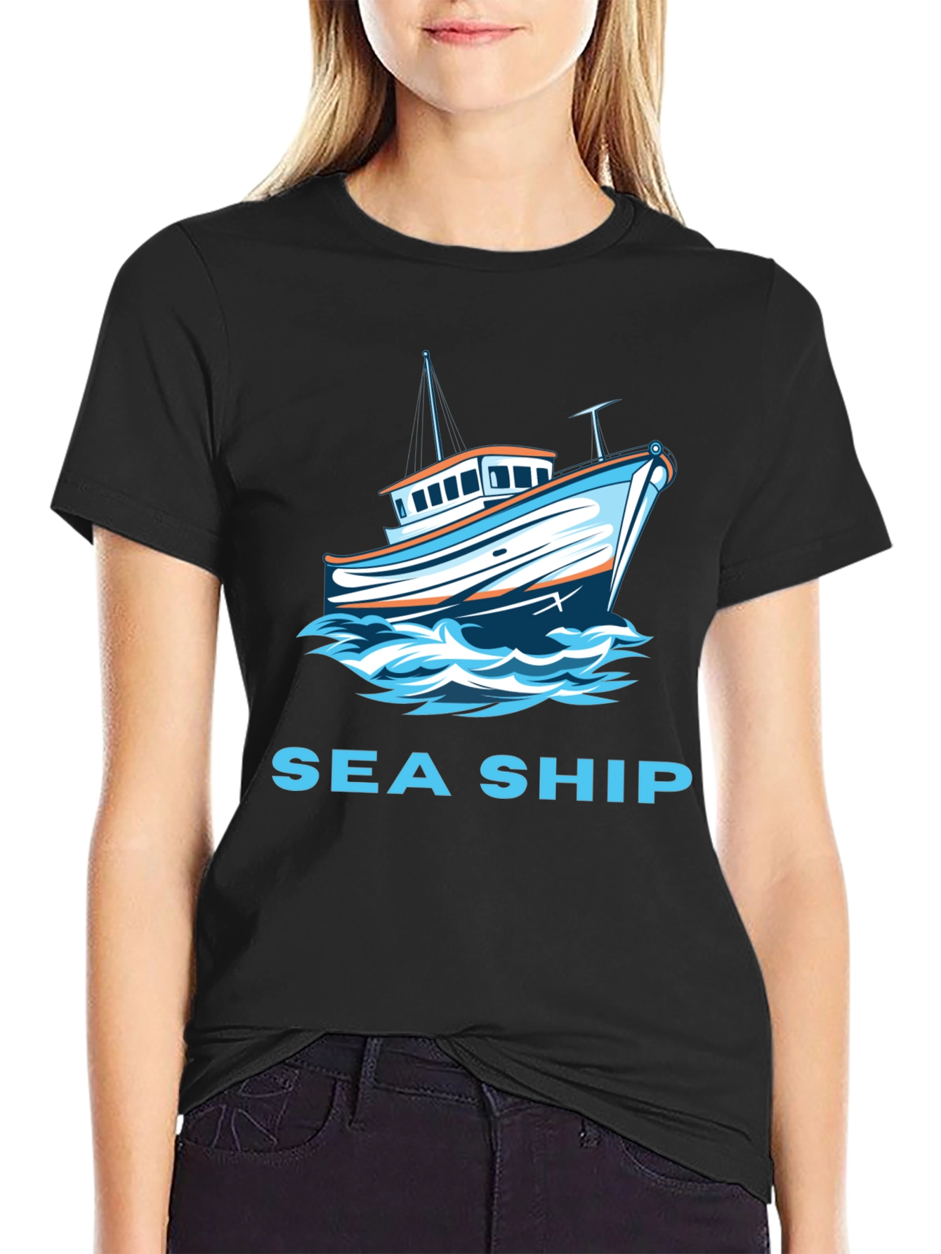 Sea Ship Graphic T-Shirt - Black
