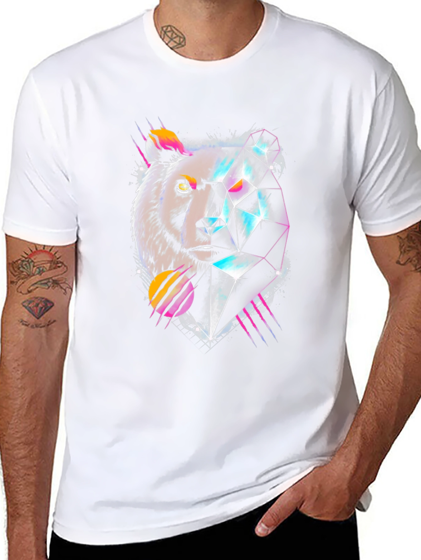 Geometric Bear Graphic Tee - Cool Abstract Design