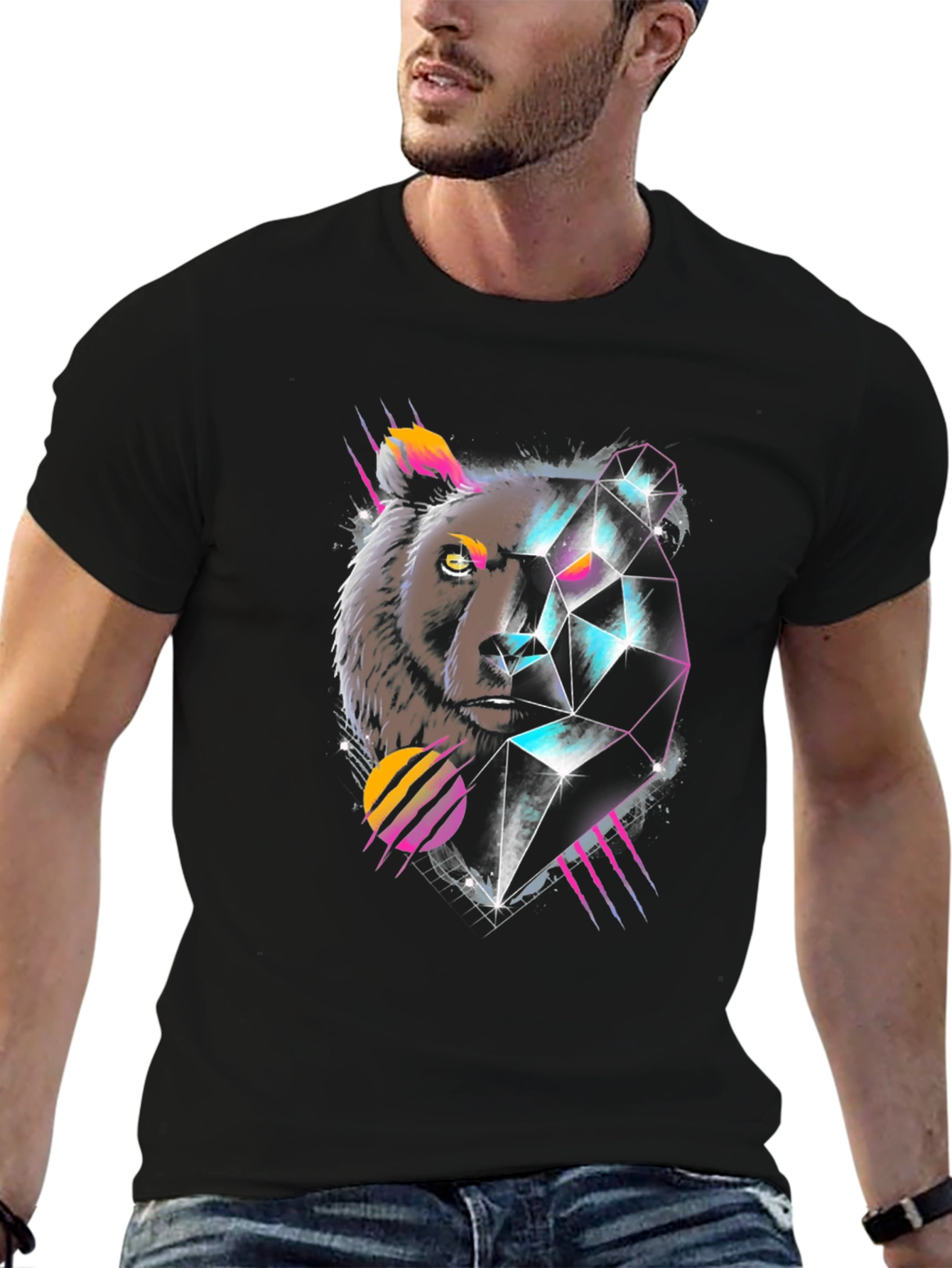 Geometric Bear Graphic Tee - Cool Abstract Design