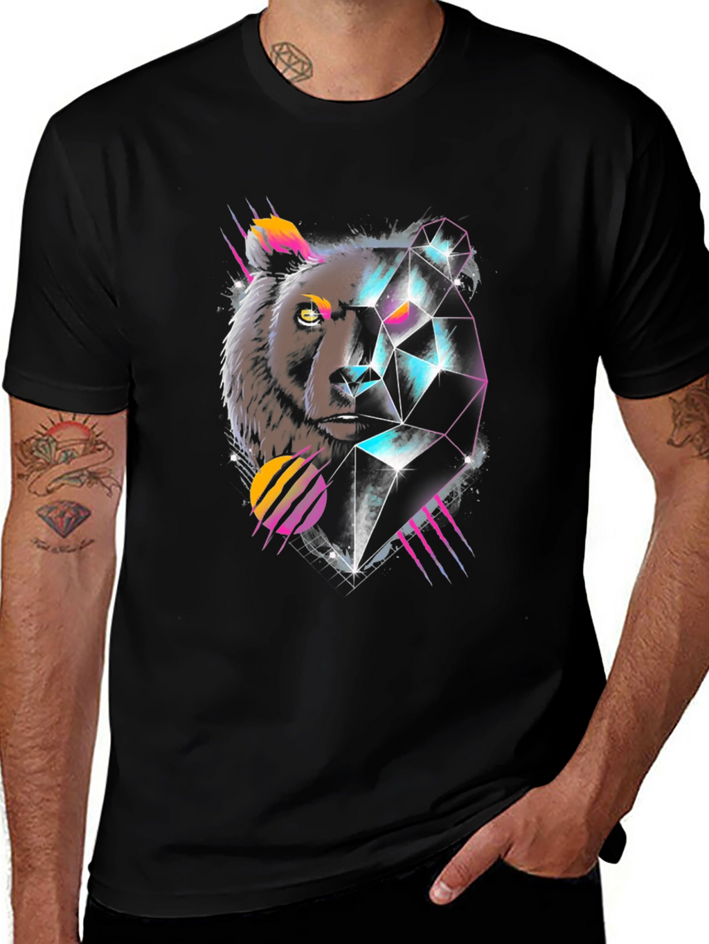 Geometric Bear Graphic Tee - Cool Abstract Design
