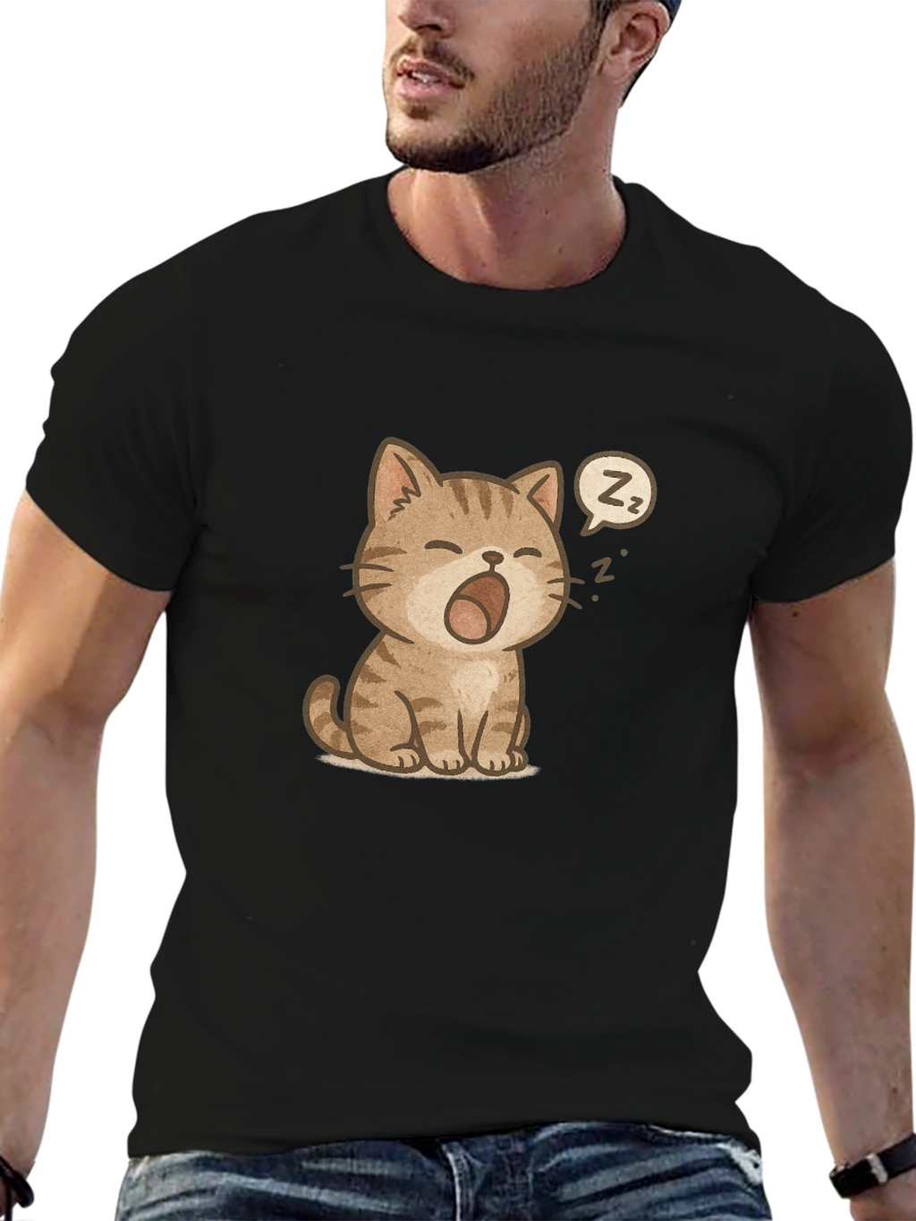 Cute Sleeping Cat Graphic Black T-Shirt