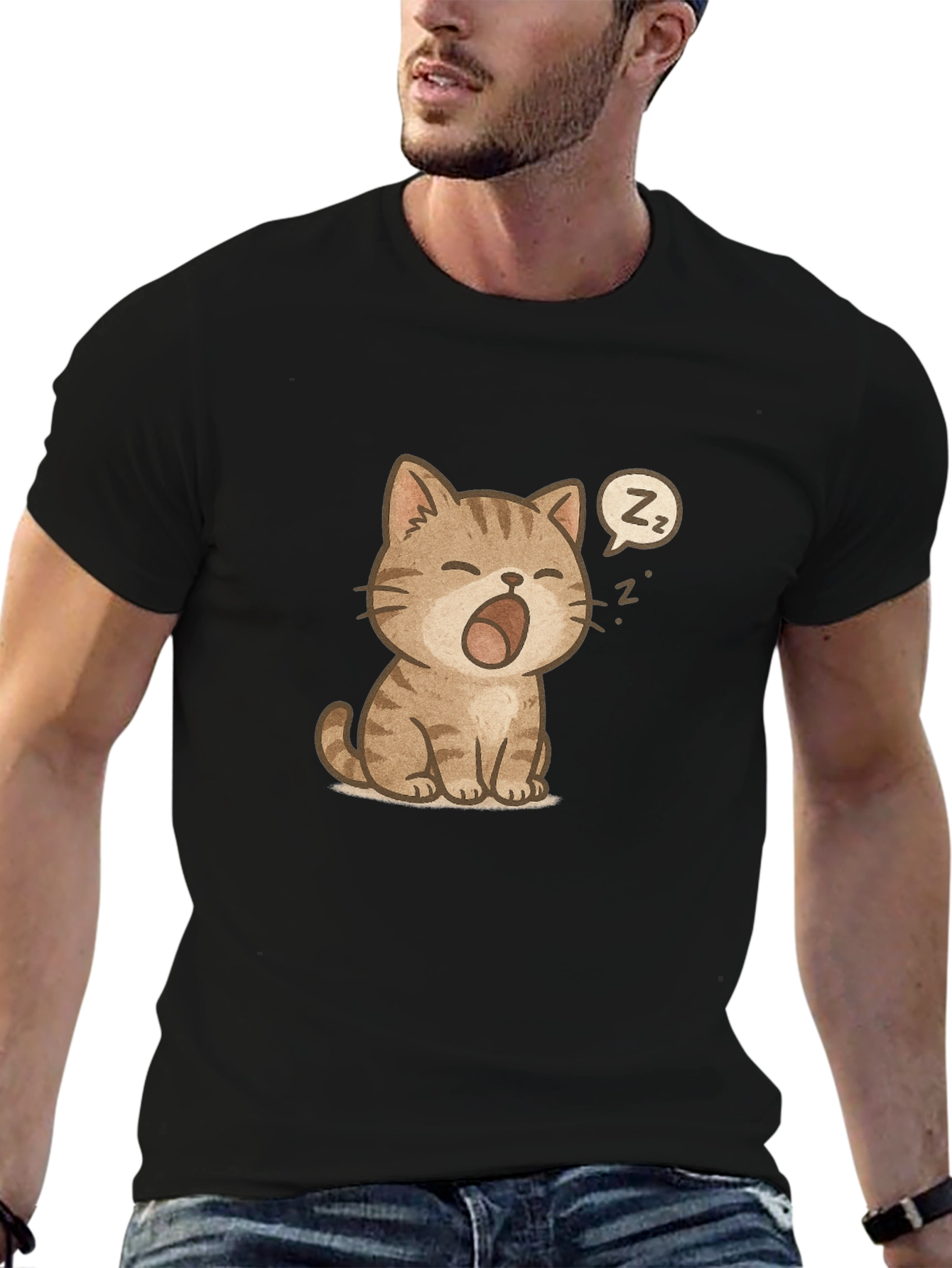 Cute Sleeping Cat Graphic Black T-Shirt