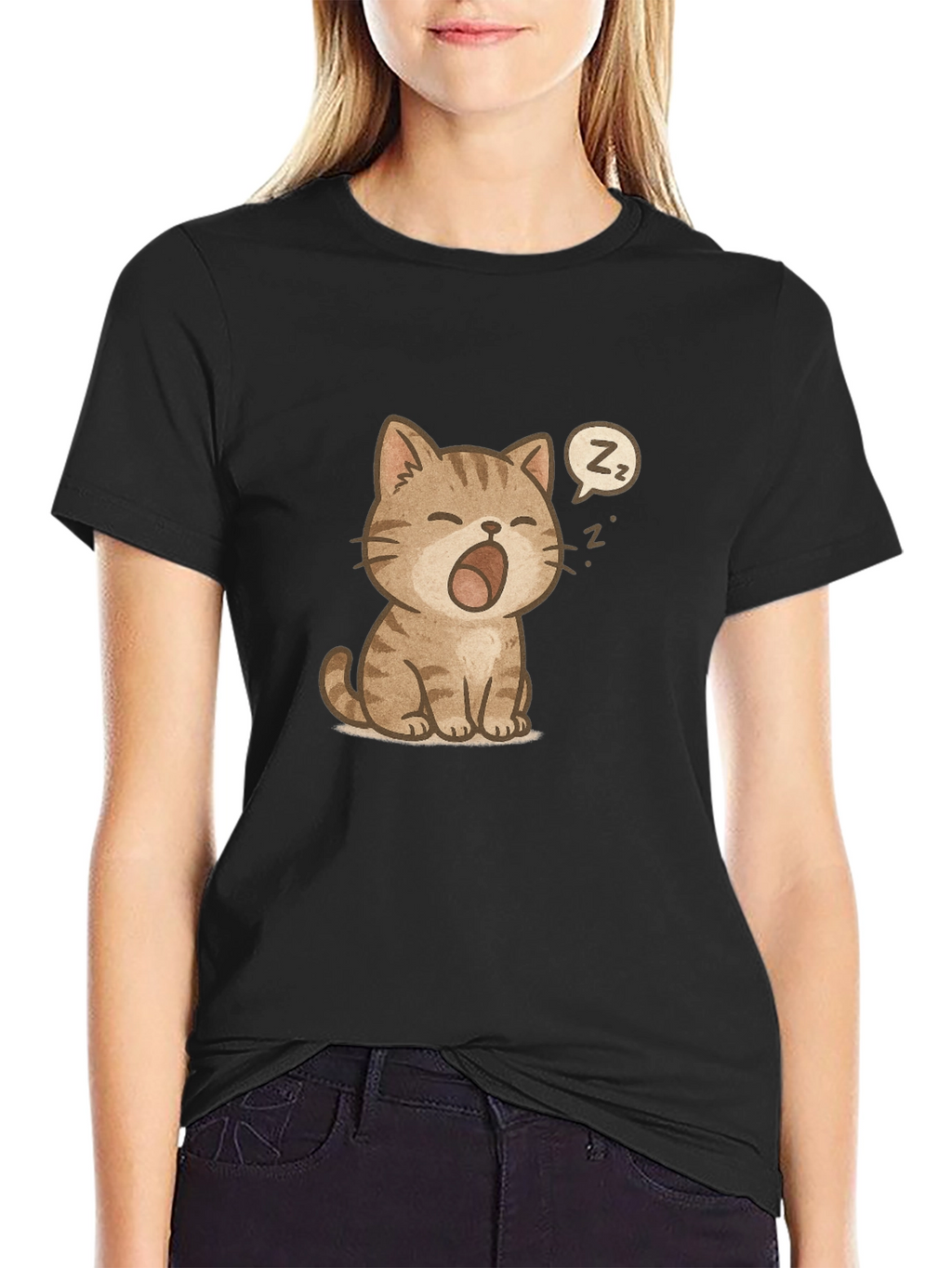 Cute Sleeping Cat Graphic Black T-Shirt