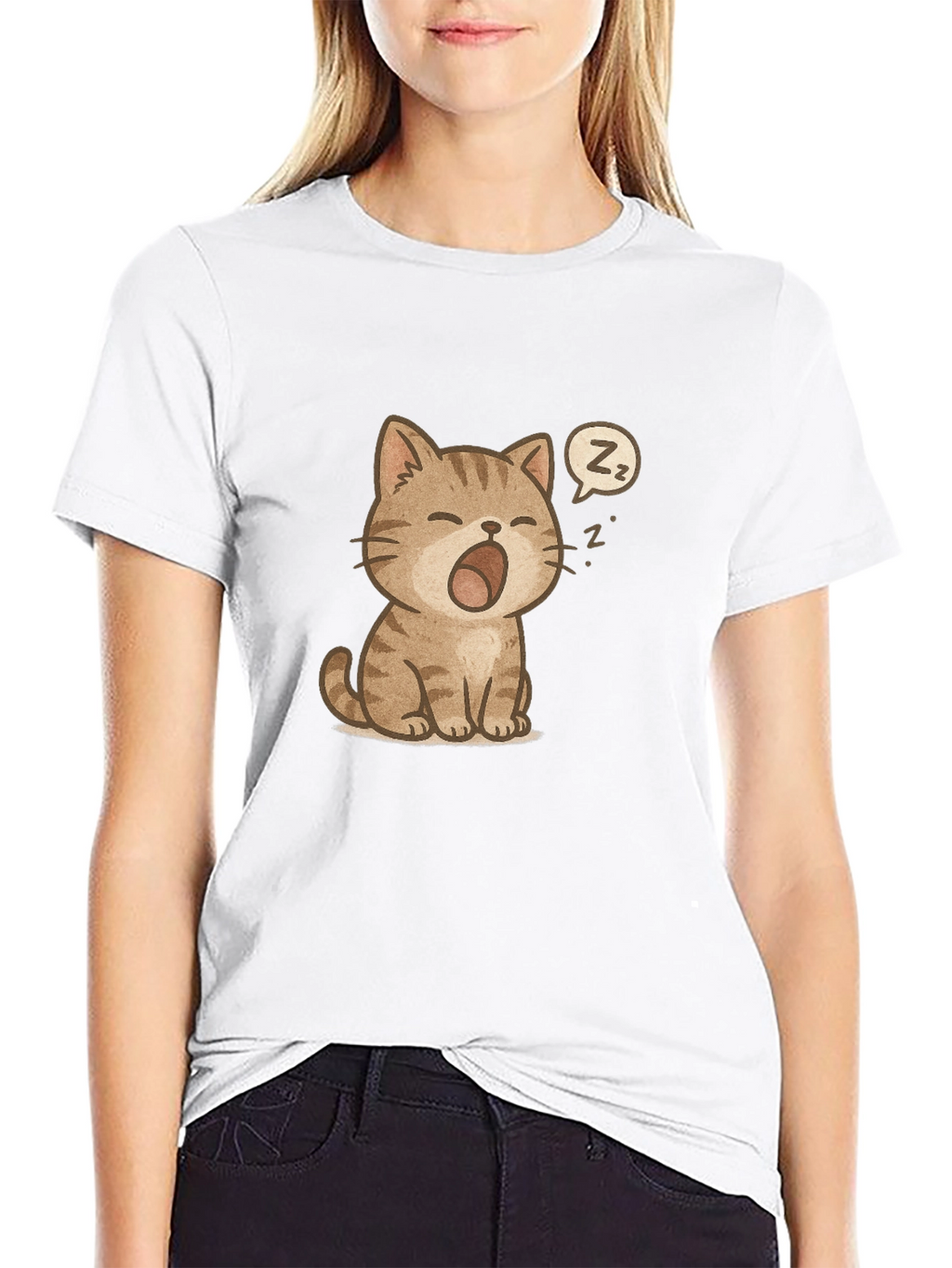 Cute Sleeping Cat Graphic Black T-Shirt