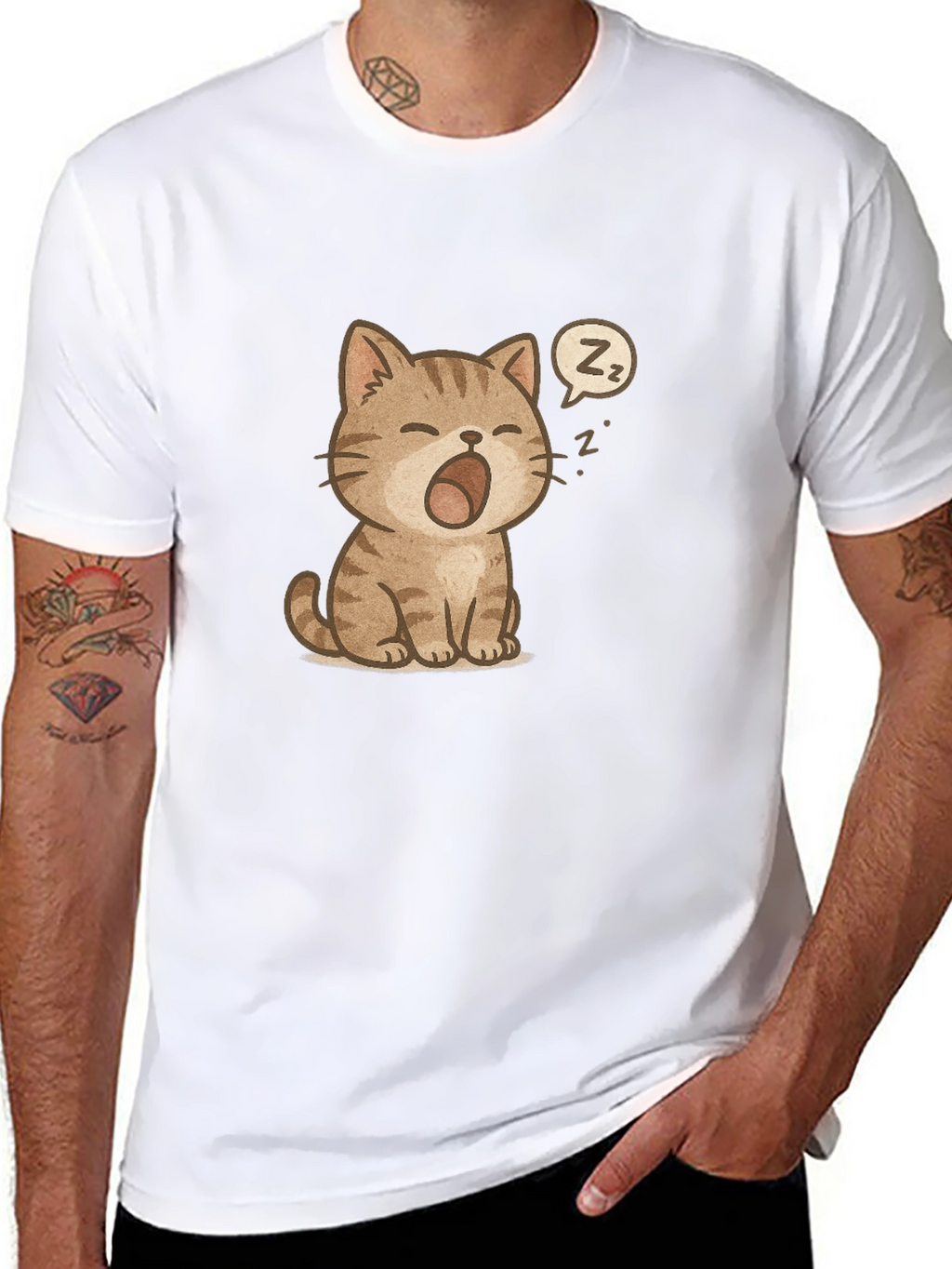 Cute Sleeping Cat Graphic Black T-Shirt