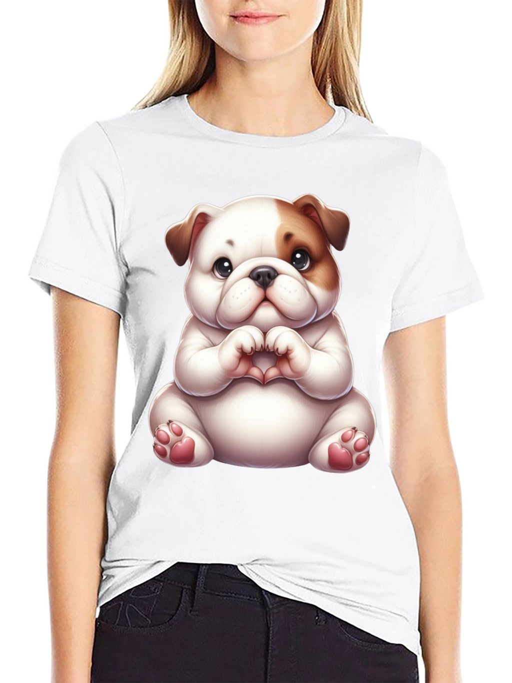 Cute Bulldog Heart Hands Black T-Shirt