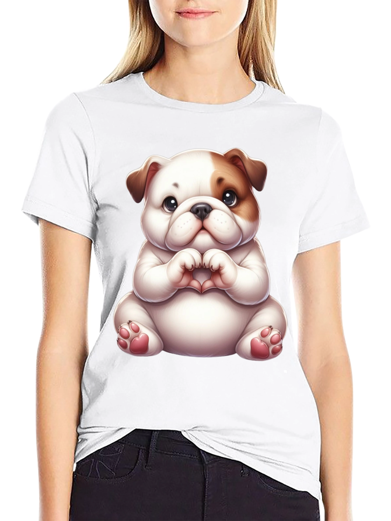 Cute Bulldog Heart Hands Black T-Shirt