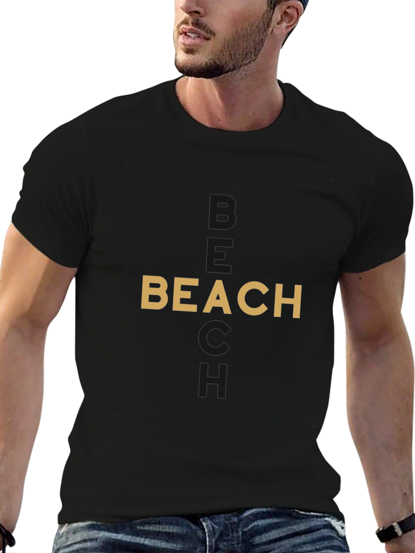 Stylish Beach Graphic Black T-Shirt