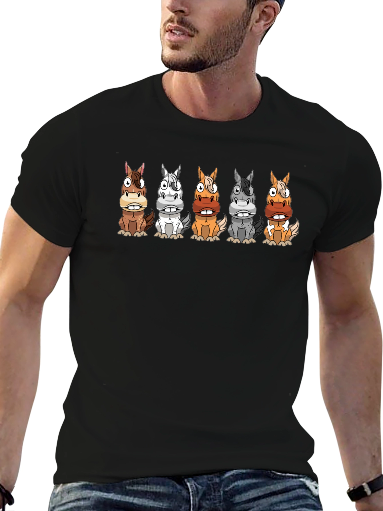 Cartoon Horses Black T-Shirt