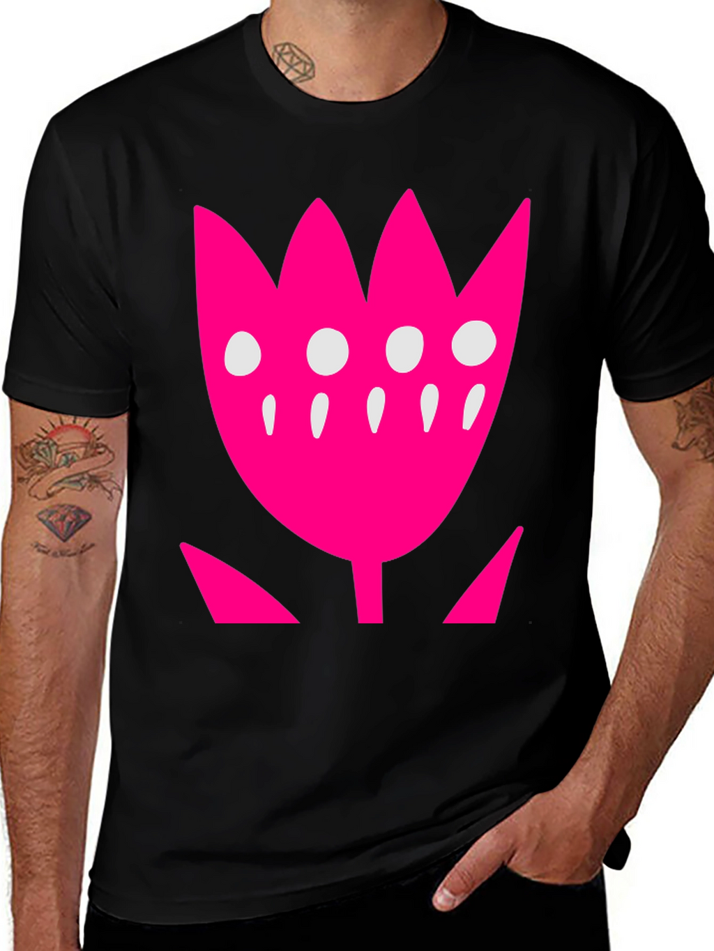 Pink Floral Graphic Print Black T-Shirt