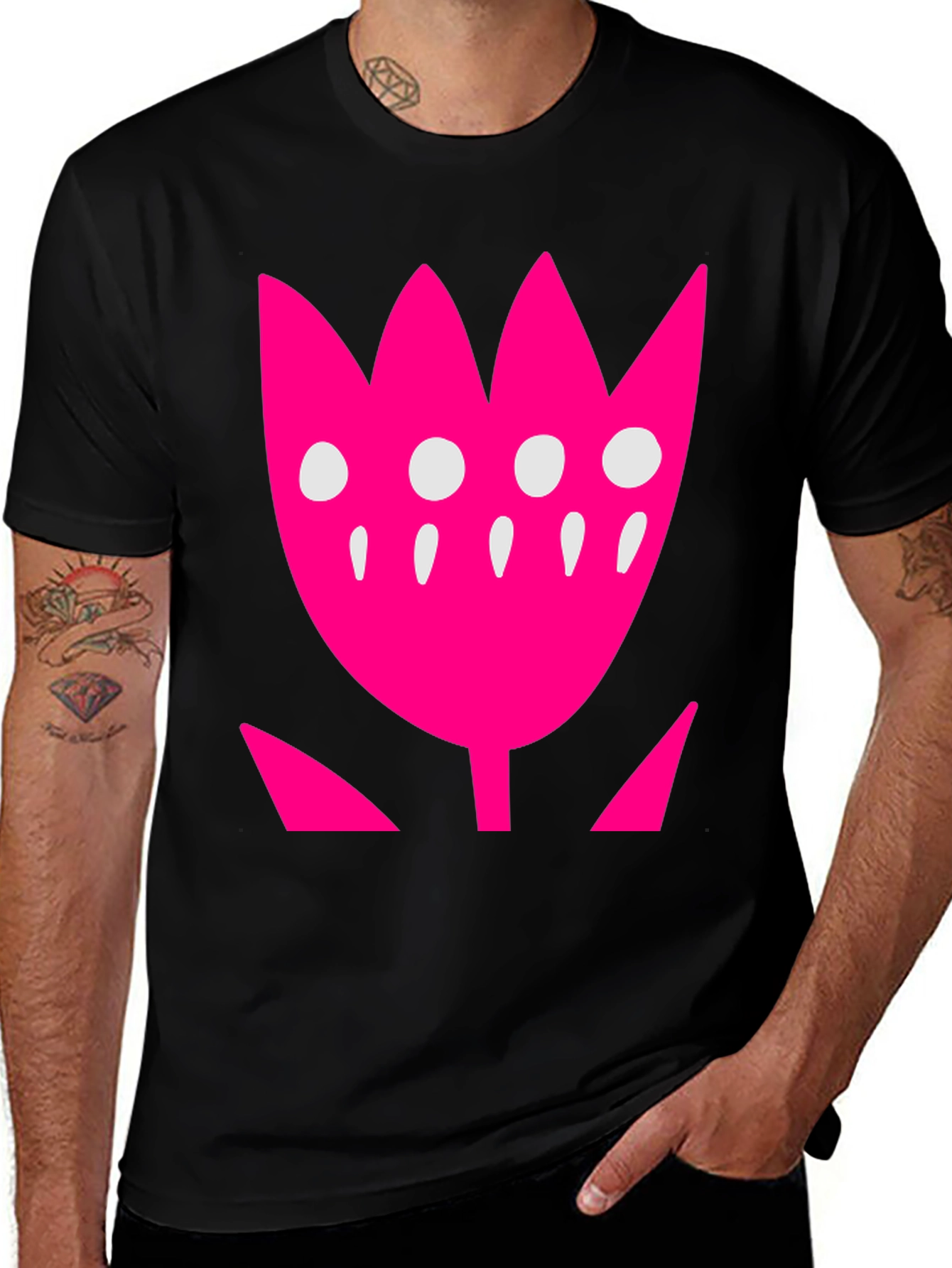 Pink Floral Graphic Print Black T-Shirt
