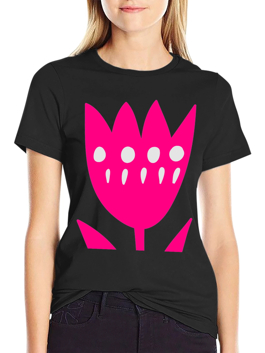 Pink Floral Graphic Print Black T-Shirt