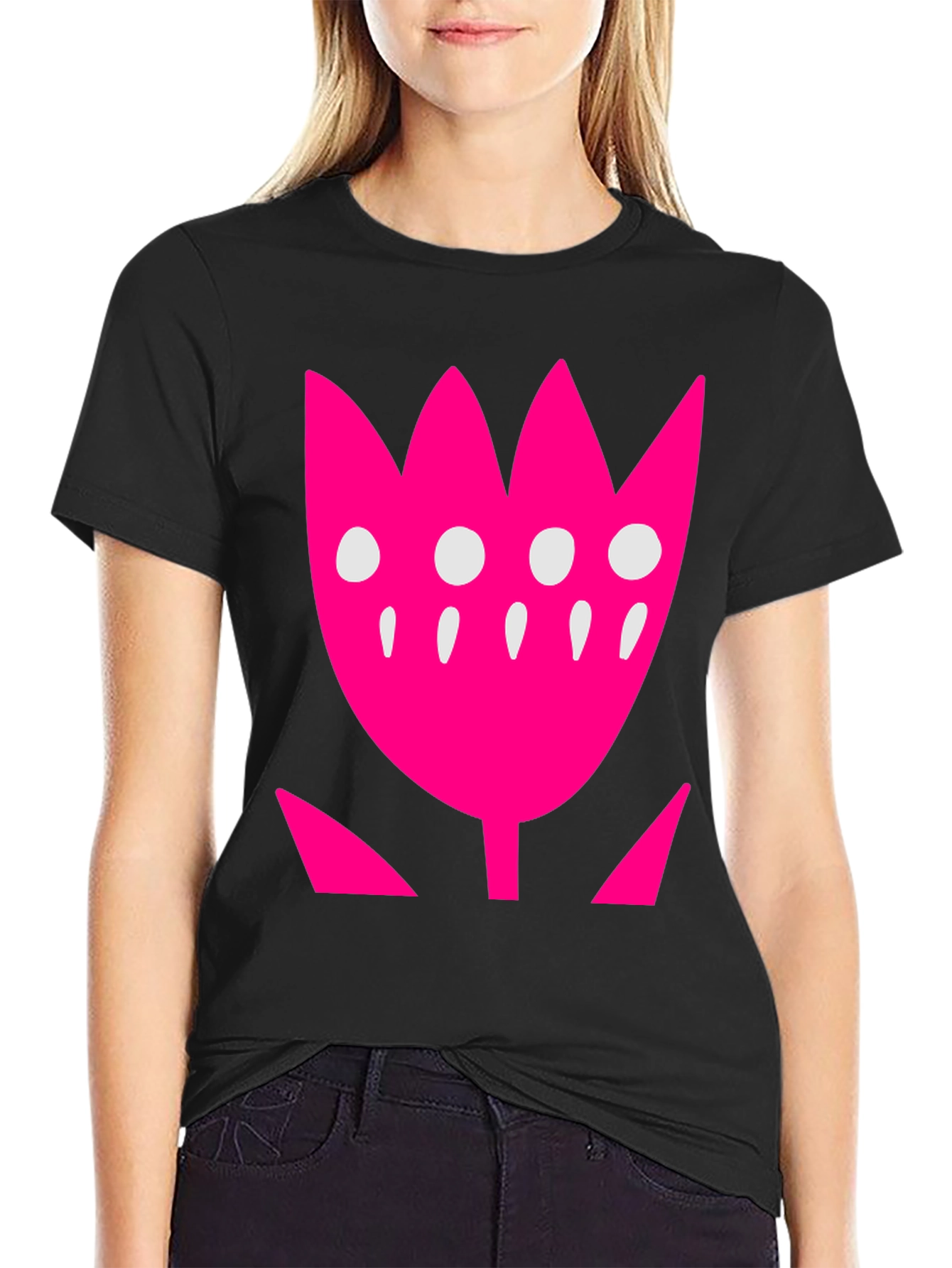 Pink Floral Graphic Print Black T-Shirt