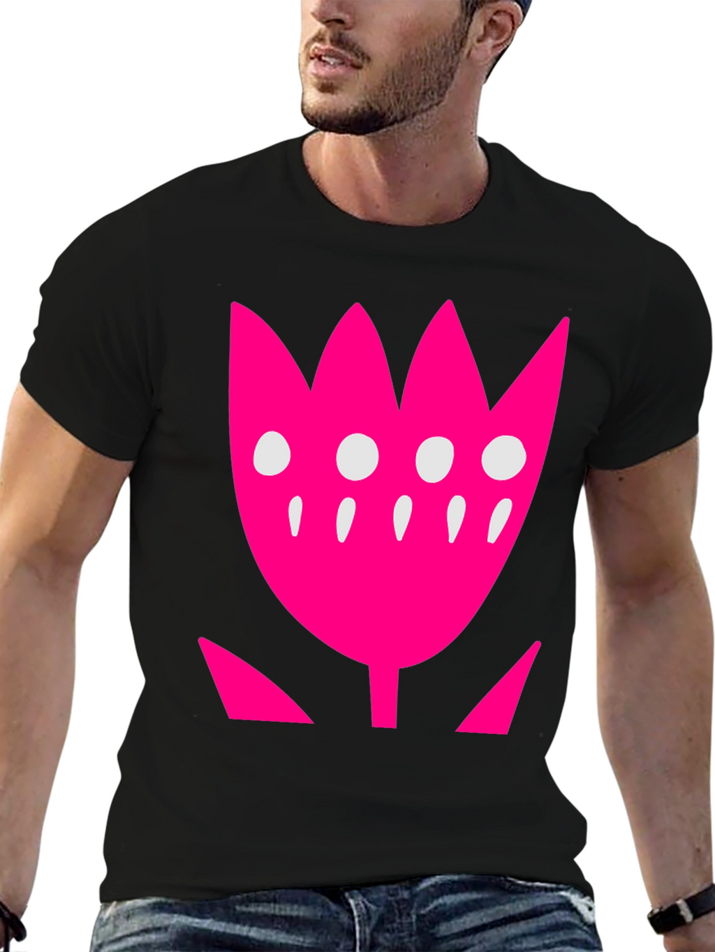 Pink Floral Graphic Print Black T-Shirt