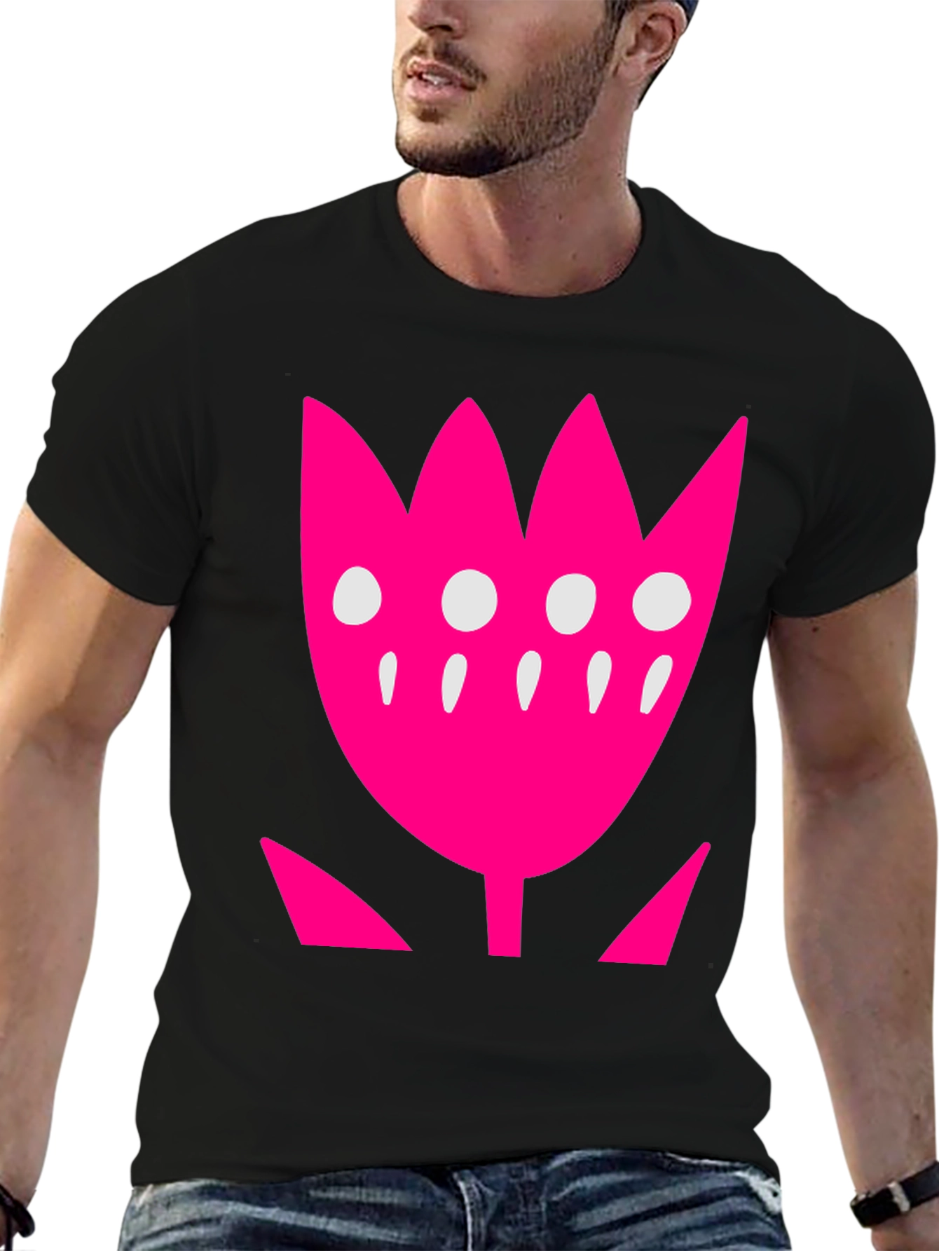 Pink Floral Graphic Print Black T-Shirt