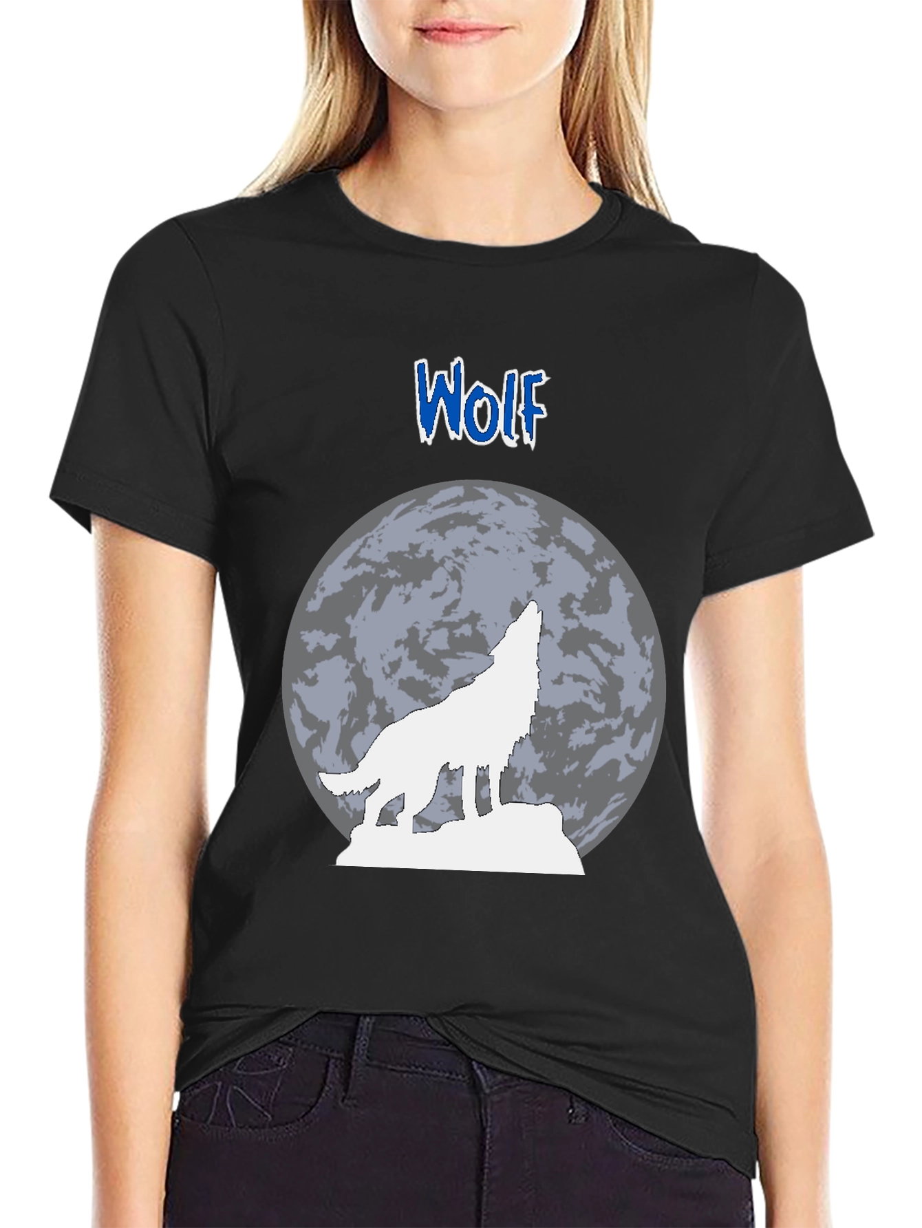 Wolf Howling at Moon Graphic T-Shirt - Black