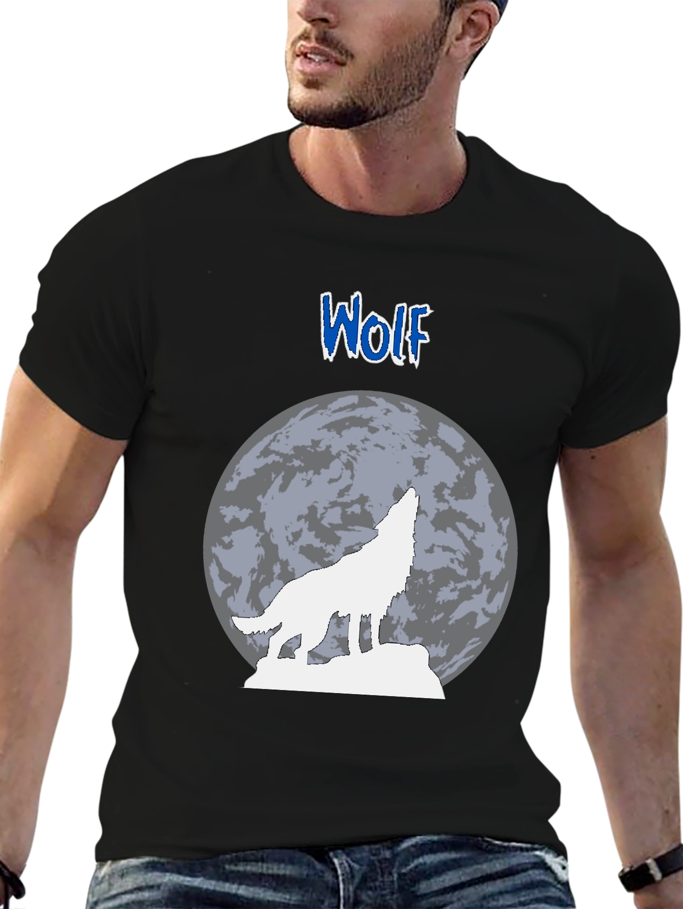 Wolf Howling at Moon Graphic T-Shirt - Black