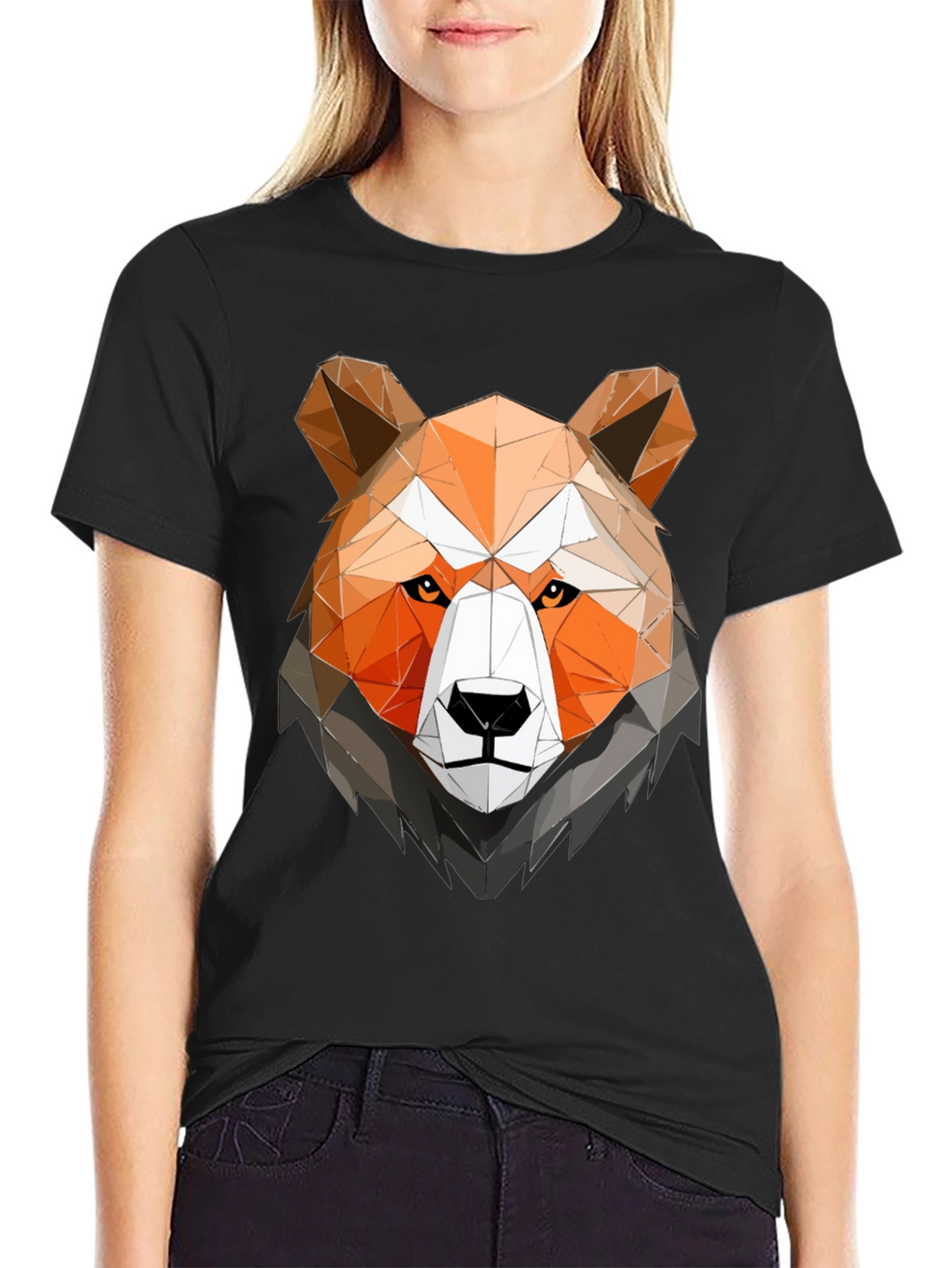 Geometric Bear Head Graphic Tee - Black Cotton Shirt