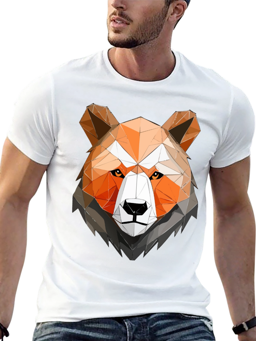 Geometric Bear Head Graphic Tee - Black Cotton Shirt