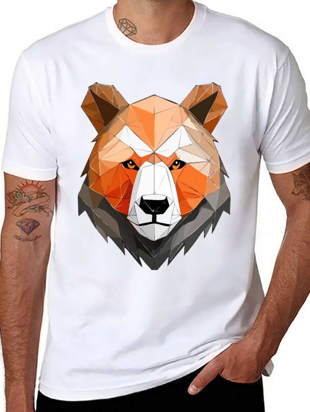Geometric Bear Head Graphic Tee - Black Cotton Shirt
