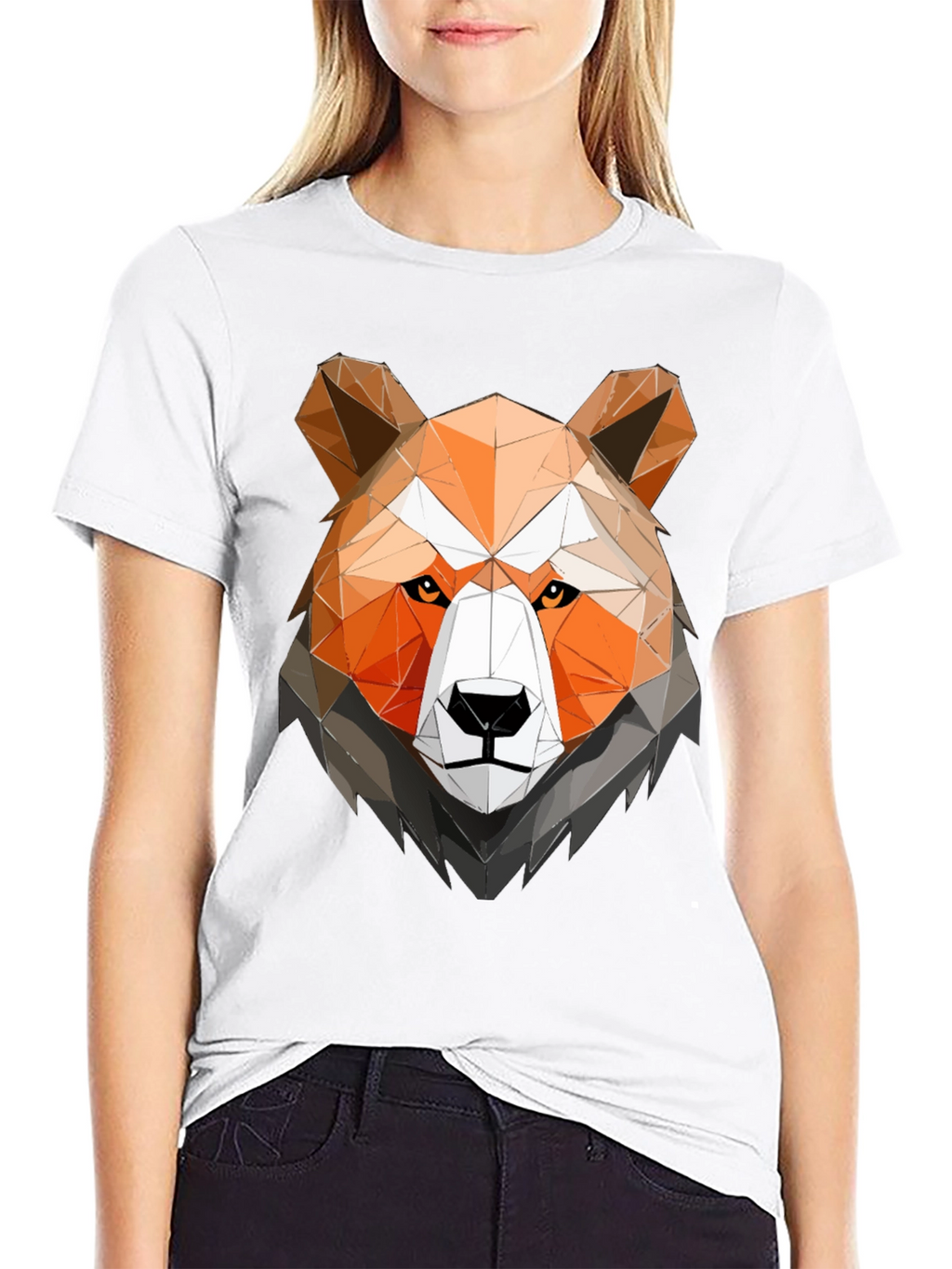 Geometric Bear Head Graphic Tee - Black Cotton Shirt