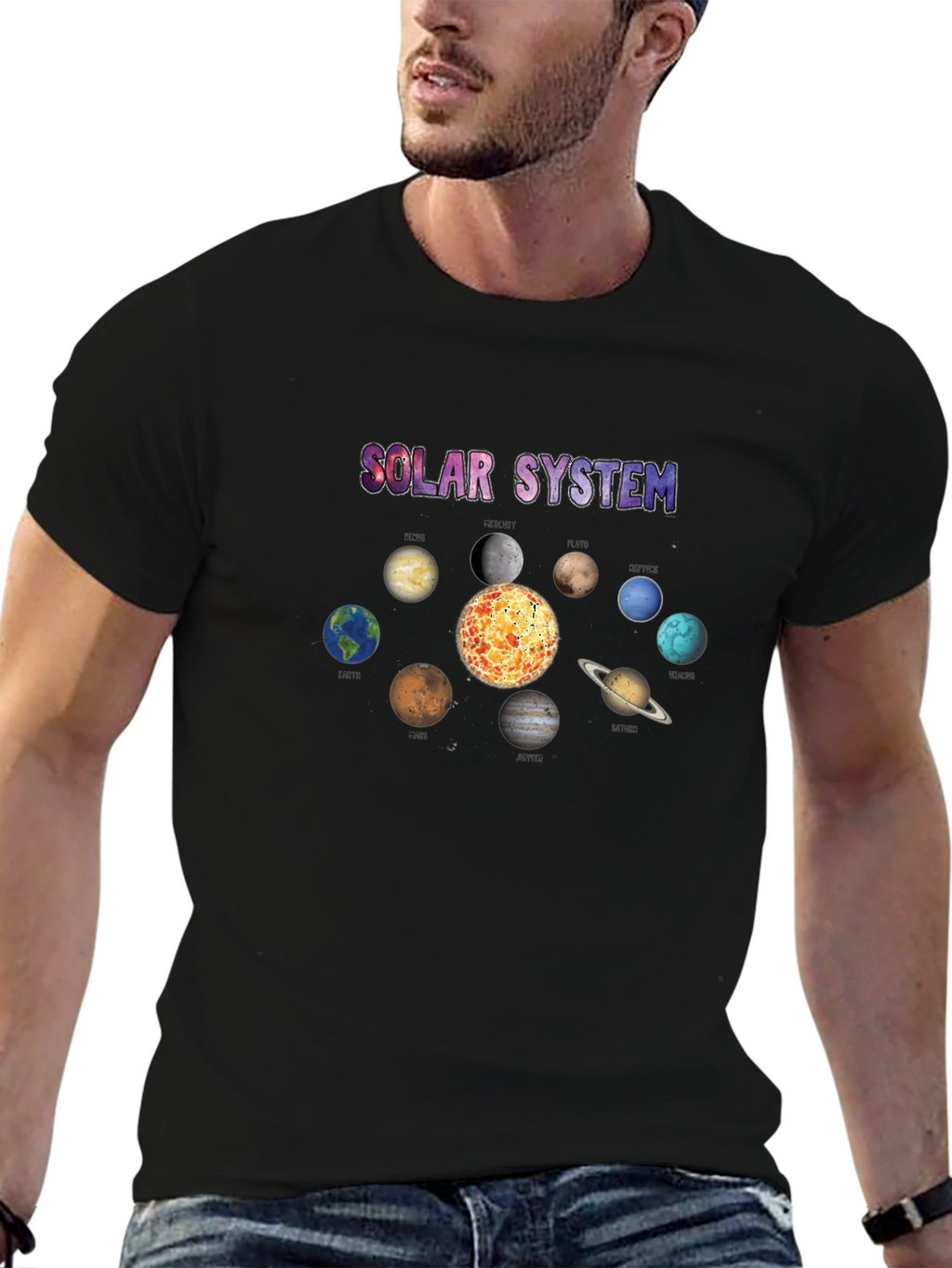 Solar System Graphic Print Black T-Shirt