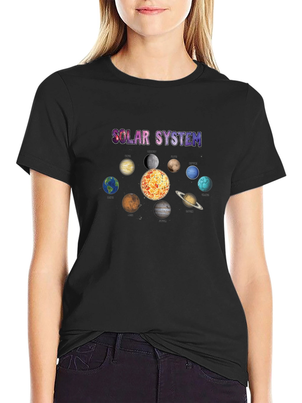 Solar System Graphic Print Black T-Shirt