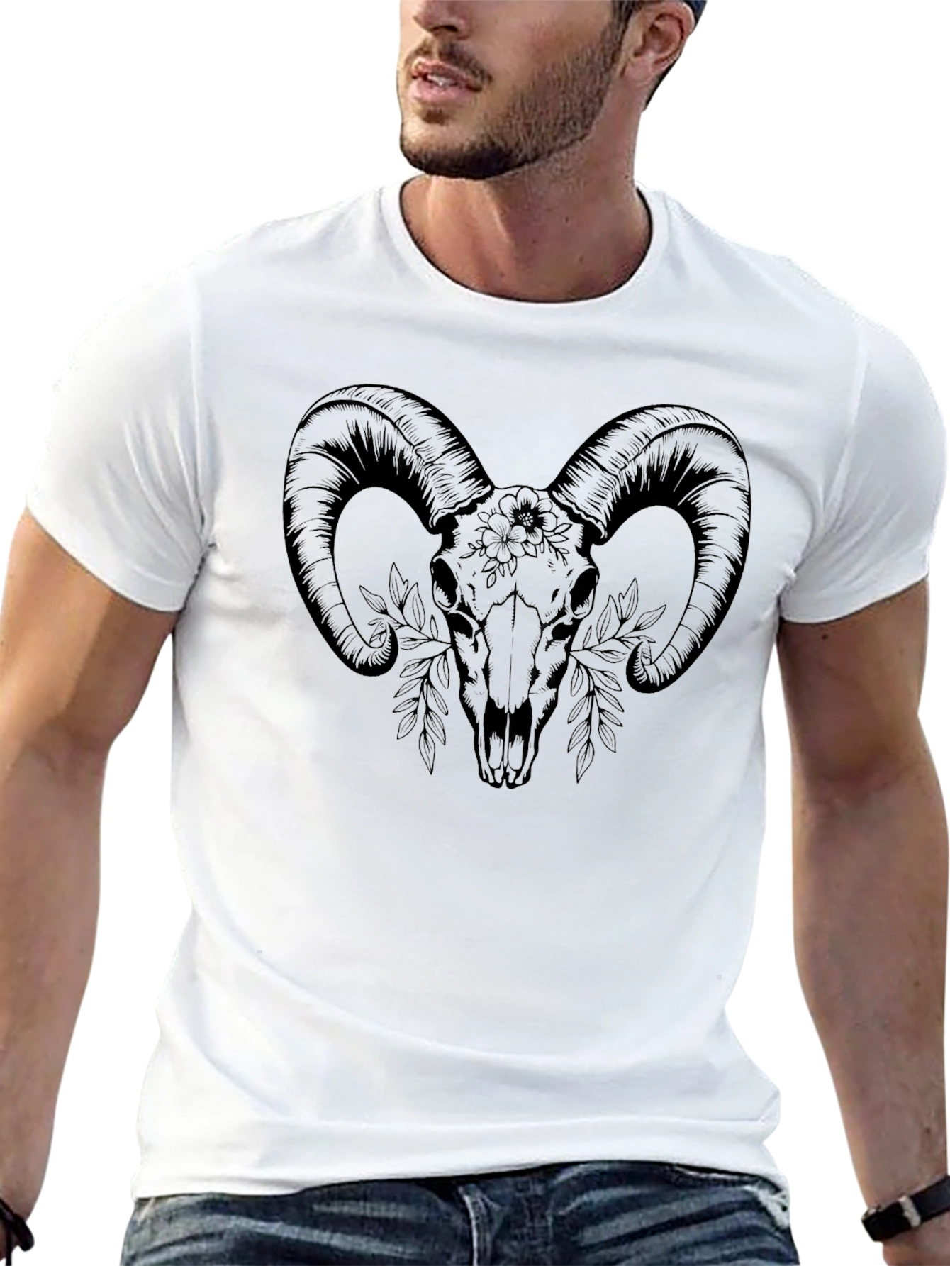 Ram Skull Graphic Tee - Black Cotton T-Shirt