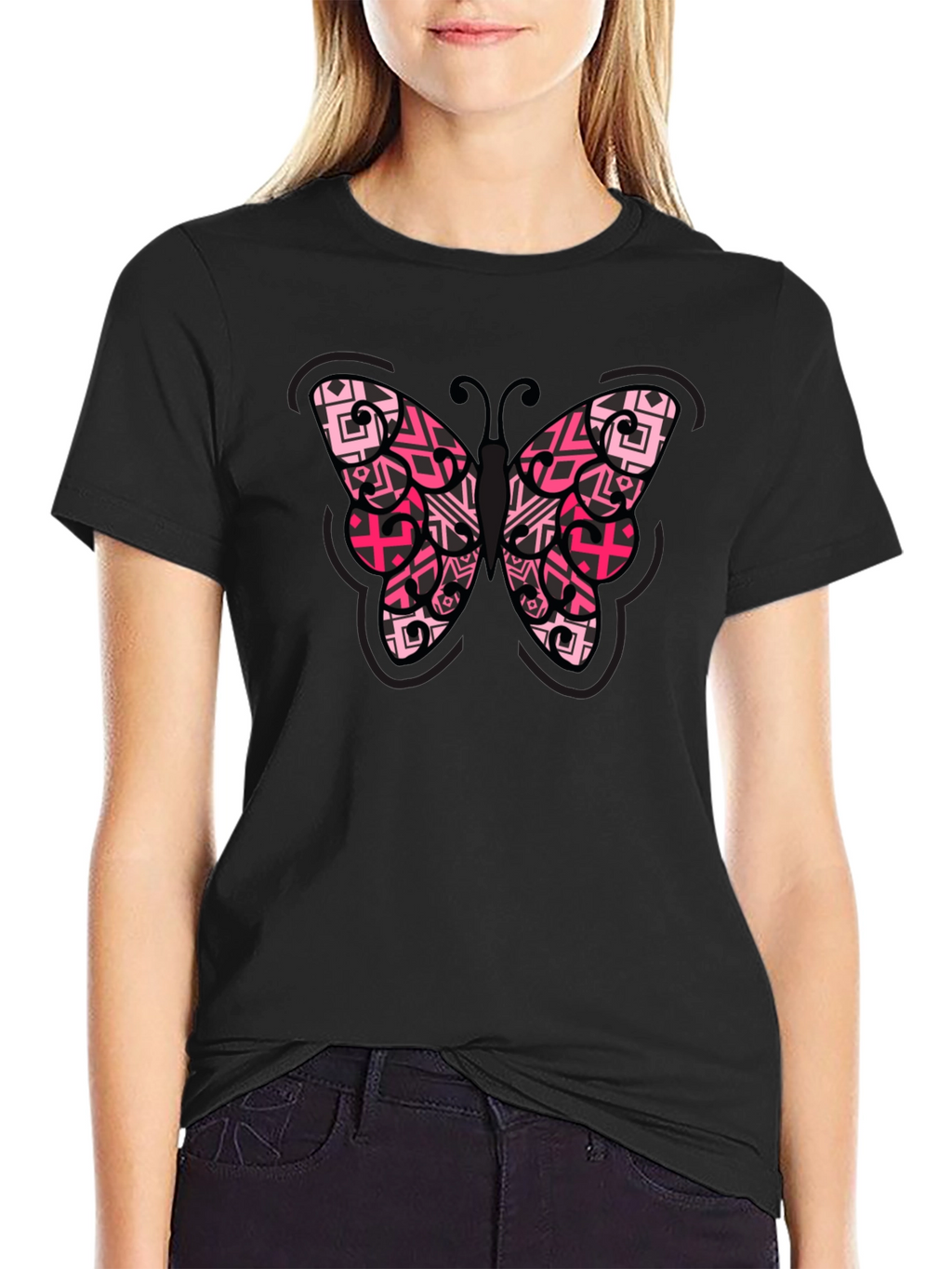 Butterfly Graphic Tee - Black Cotton Blend Shirt