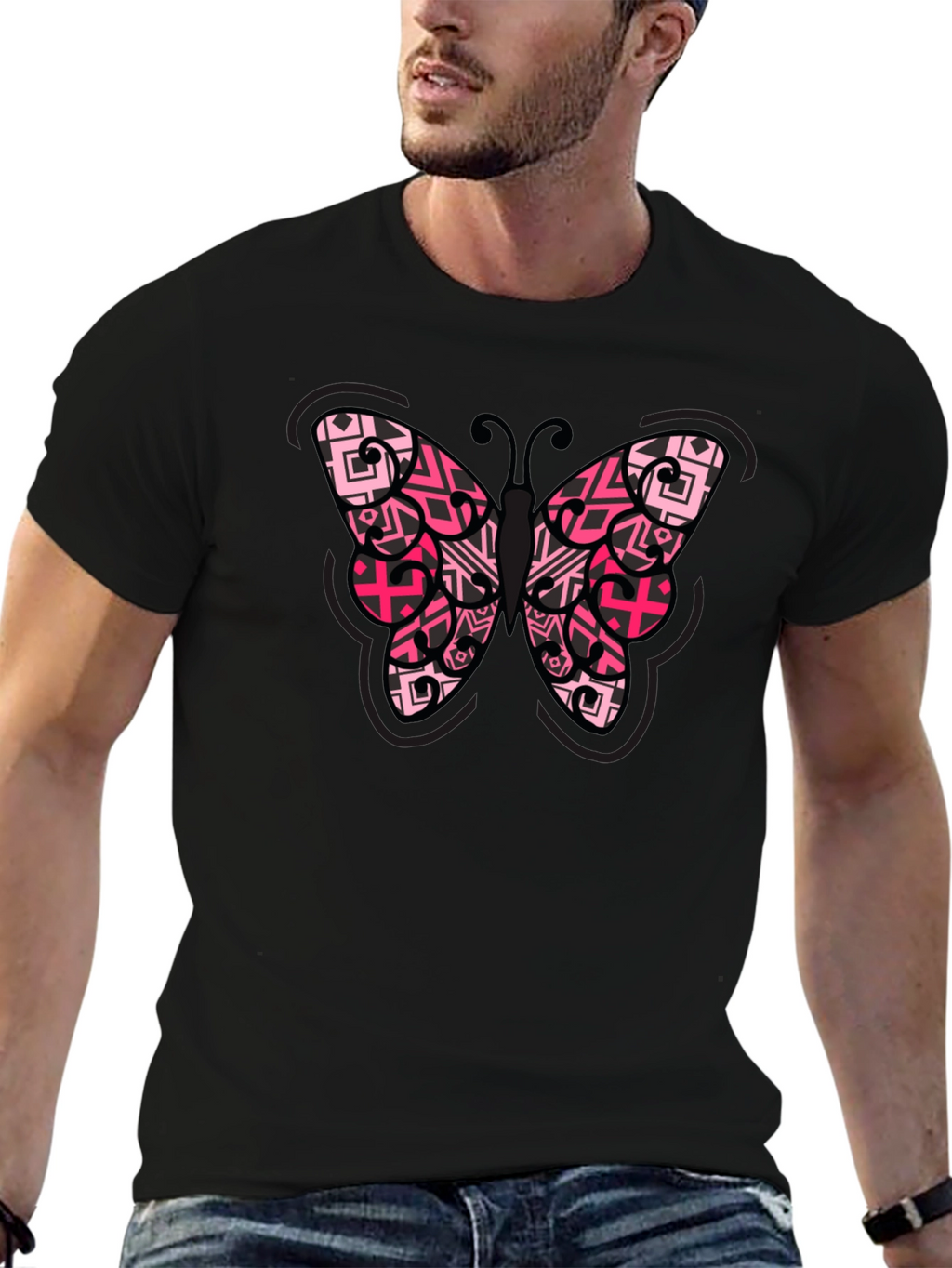 Butterfly Graphic Tee - Black Cotton Blend Shirt