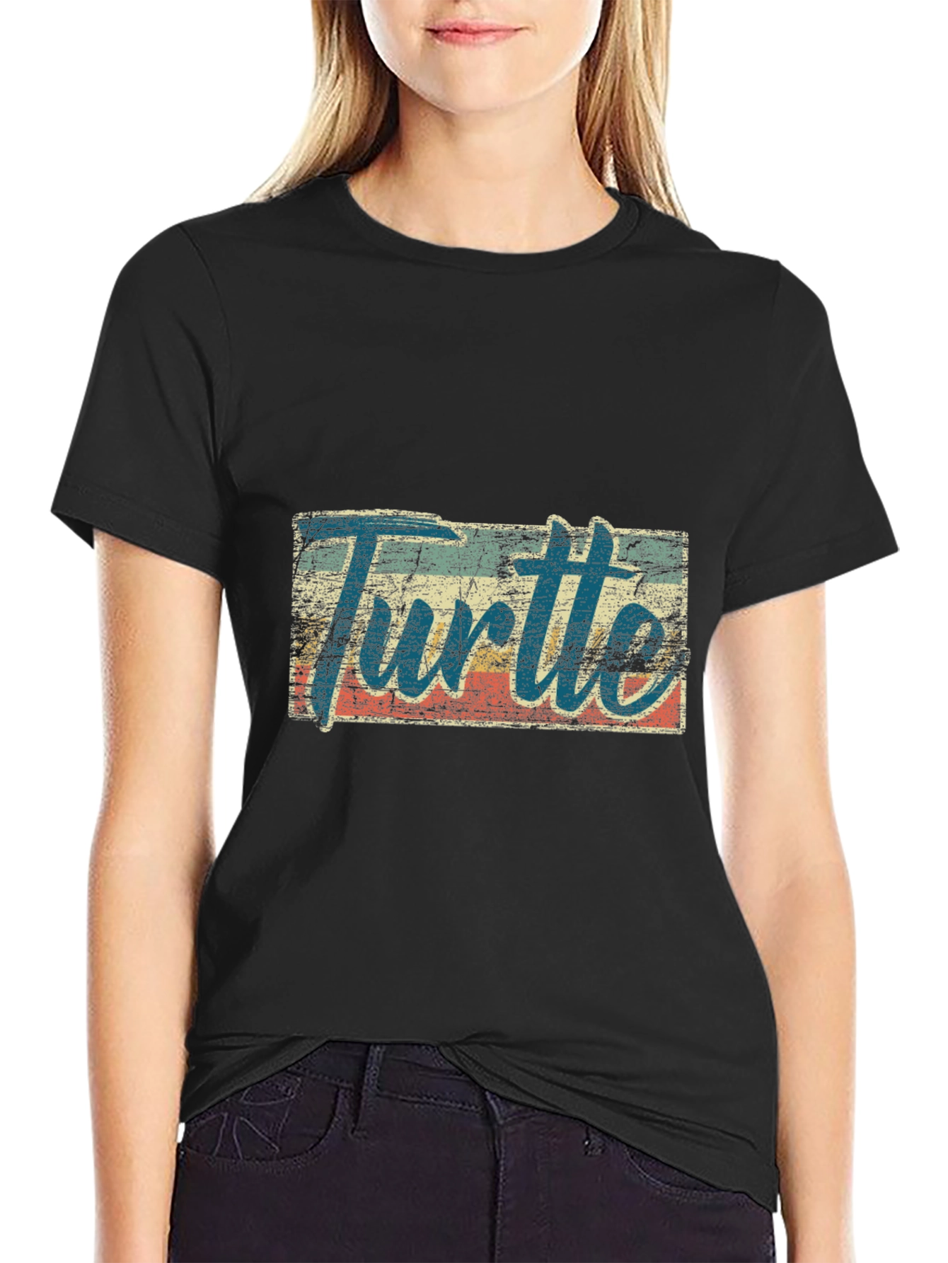 Retro Turtle Graphic Tee - Black Cotton Blend