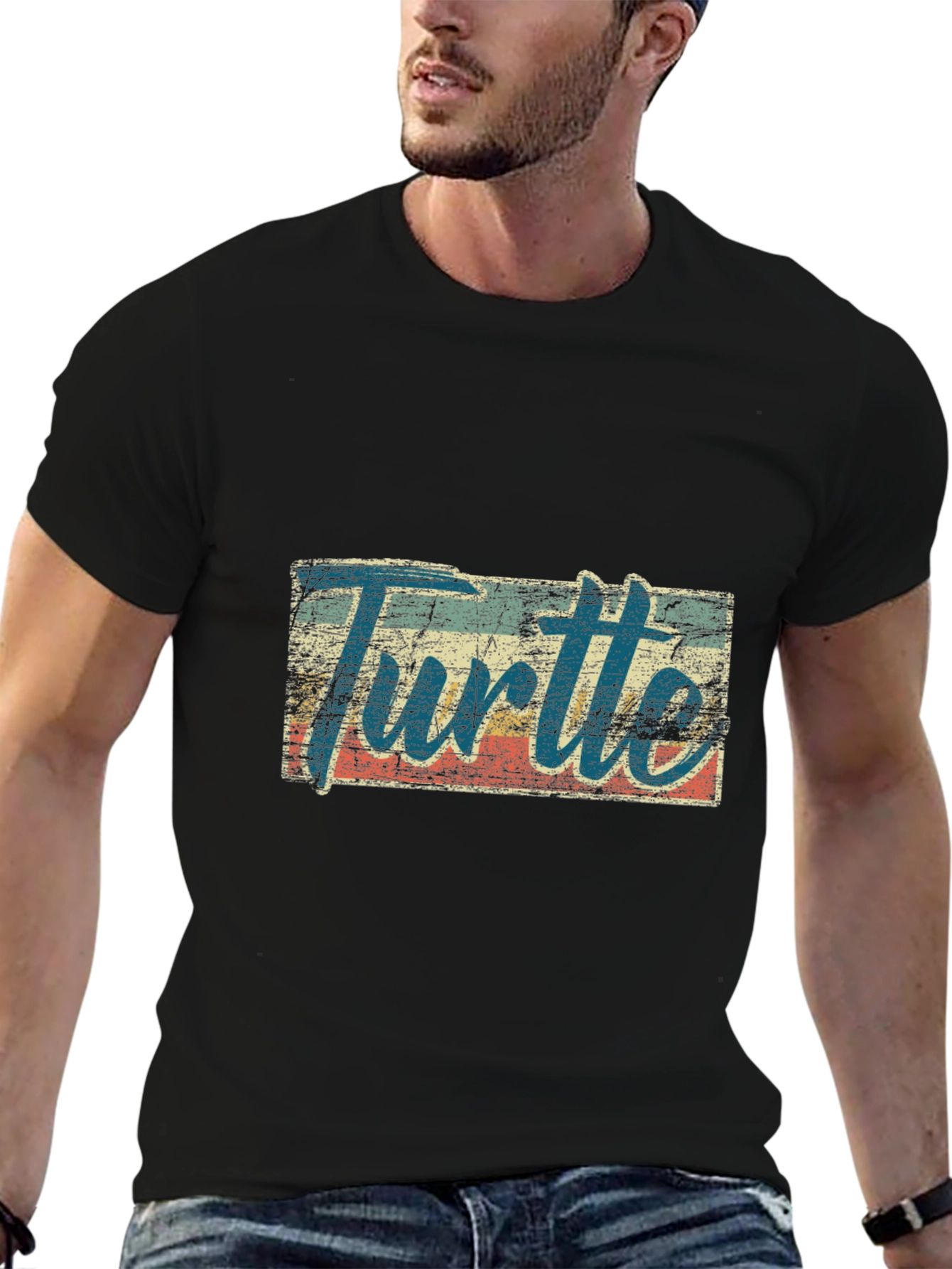 Retro Turtle Graphic Tee - Black Cotton Blend