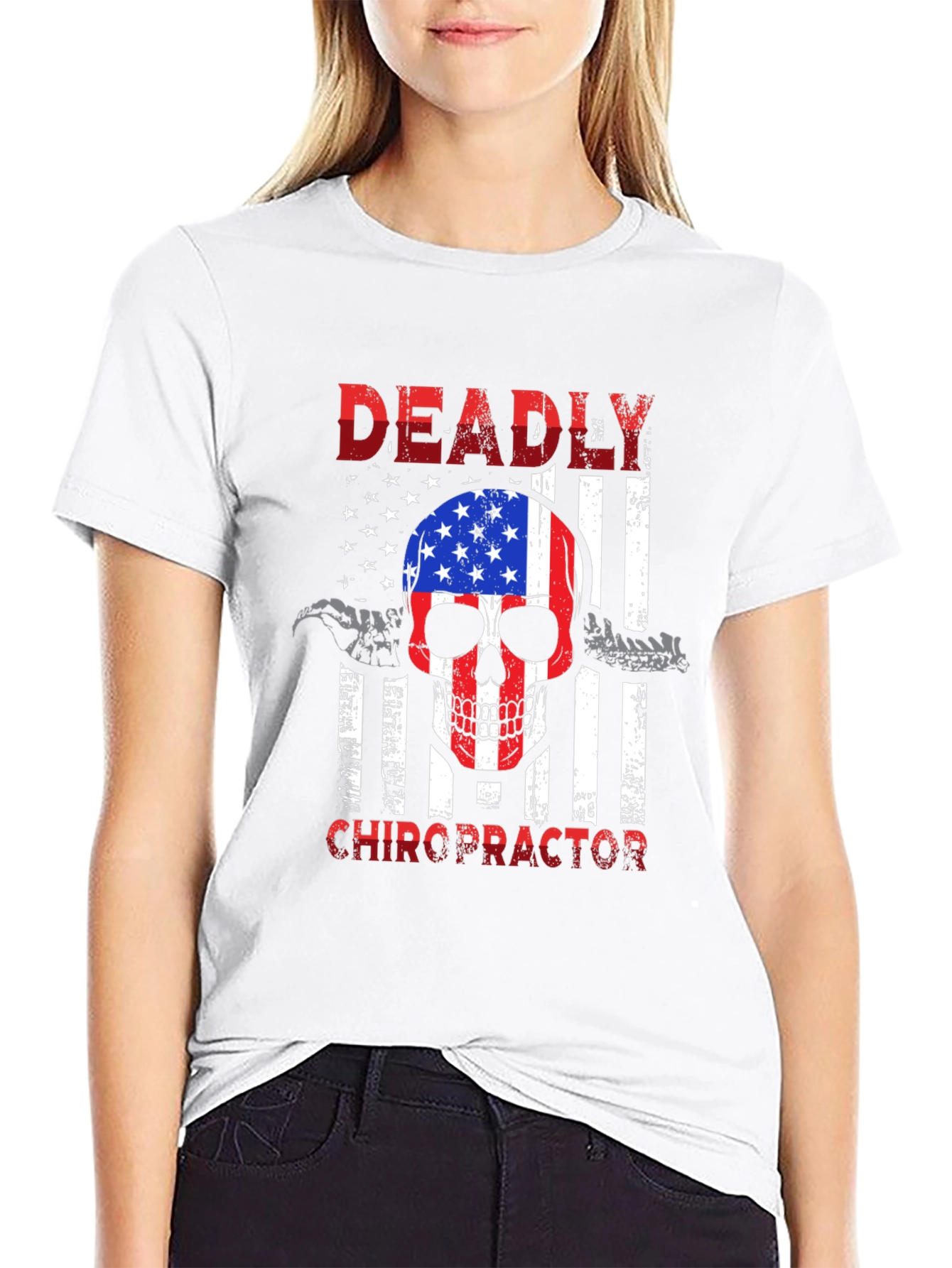 Deadly Chiropractor USA Flag Skull Graphic Tee