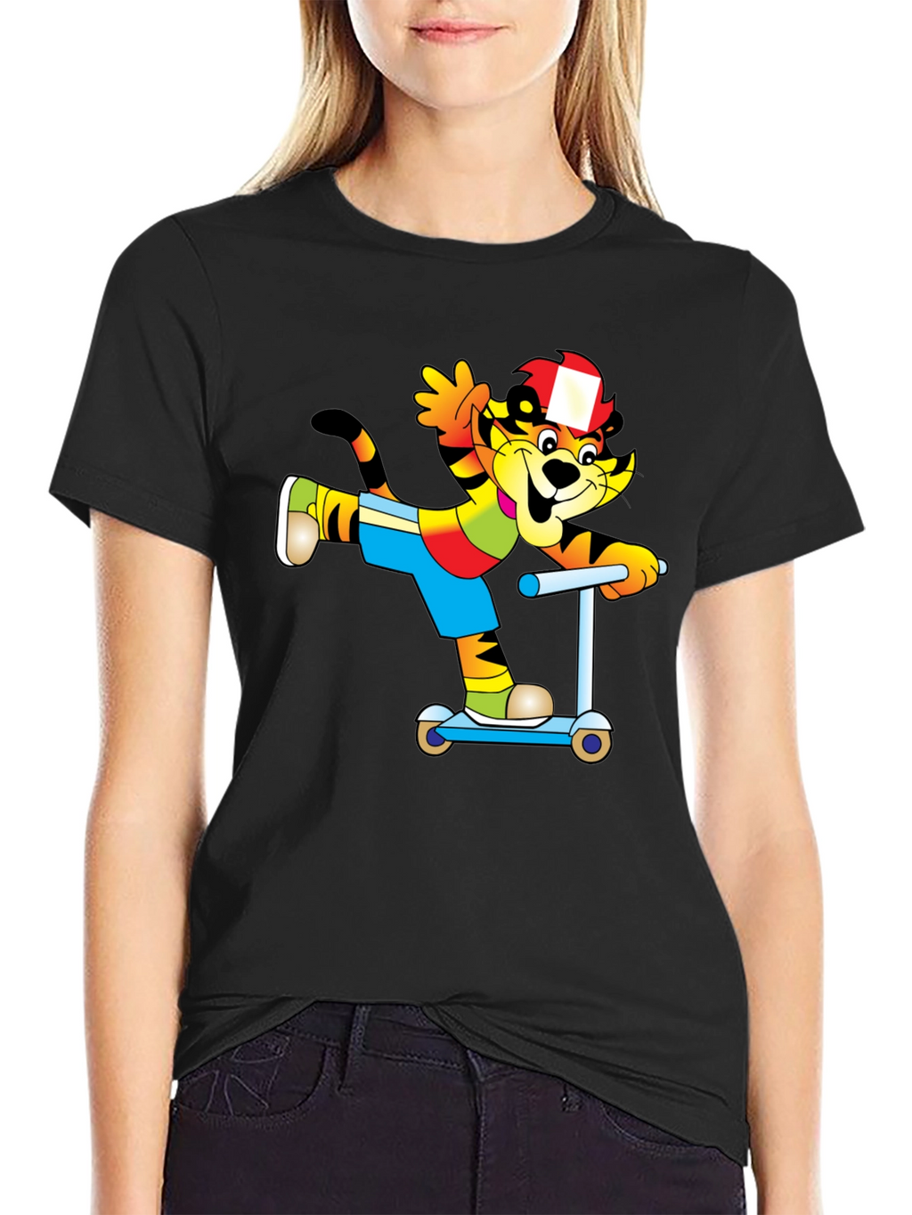 Cartoon Cat on Scooter T-Shirt - Black